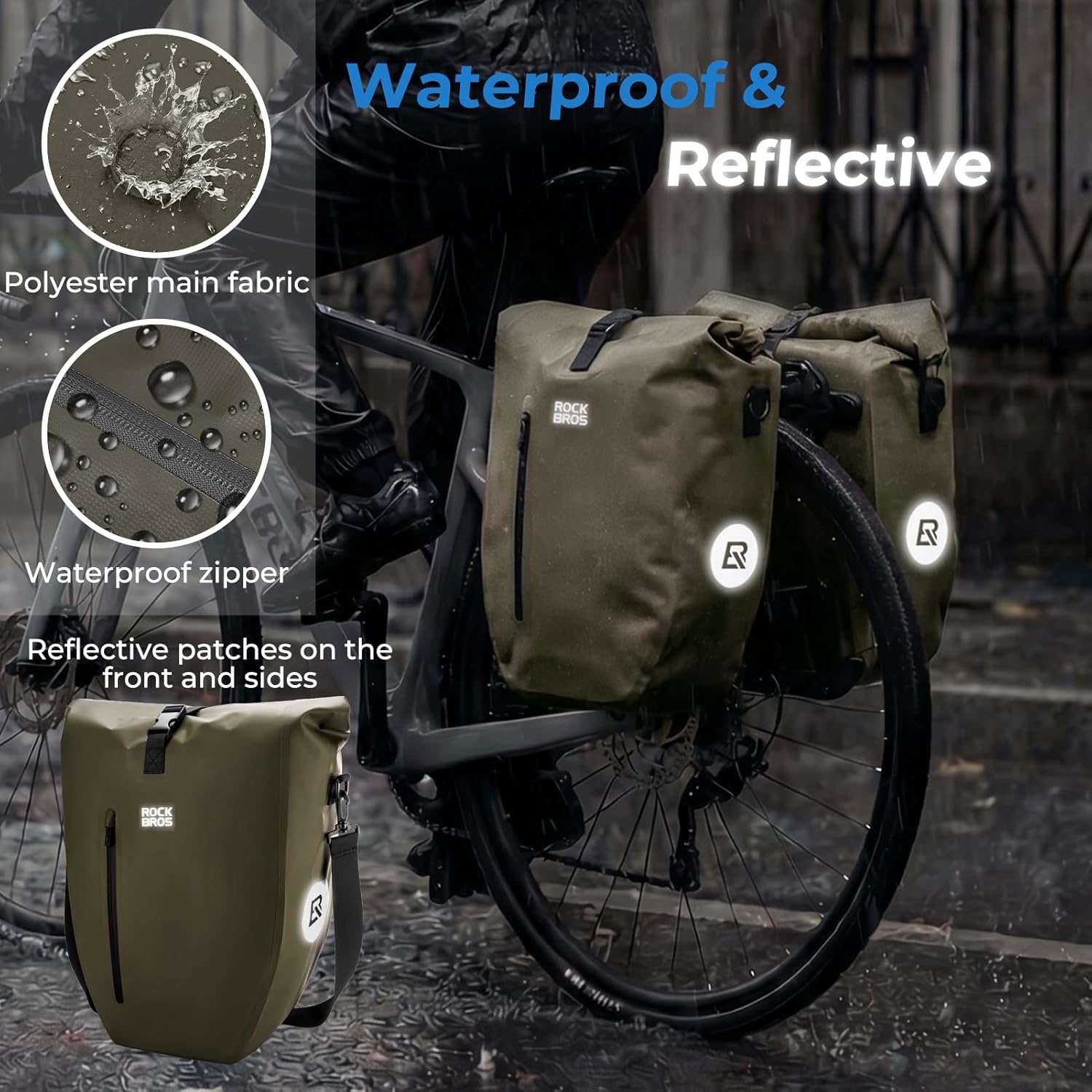 imageROCKBROS Bike Panniers 20L Waterproof Roll Up Bike Rack Bag Adjustable Quick Release BucklesReflective for Road Mountain Cycling Traveling CommutingDark Green1