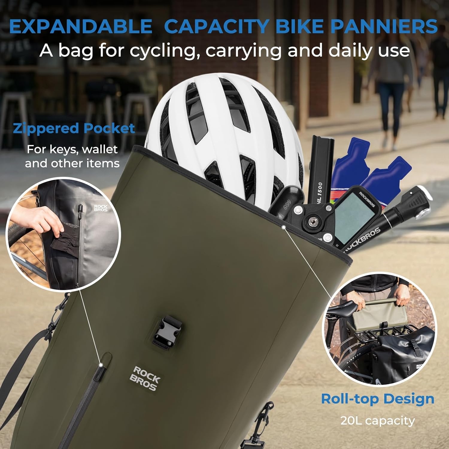 imageROCKBROS Bike Panniers 20L Waterproof Roll Up Bike Rack Bag Adjustable Quick Release BucklesReflective for Road Mountain Cycling Traveling CommutingDark Green1