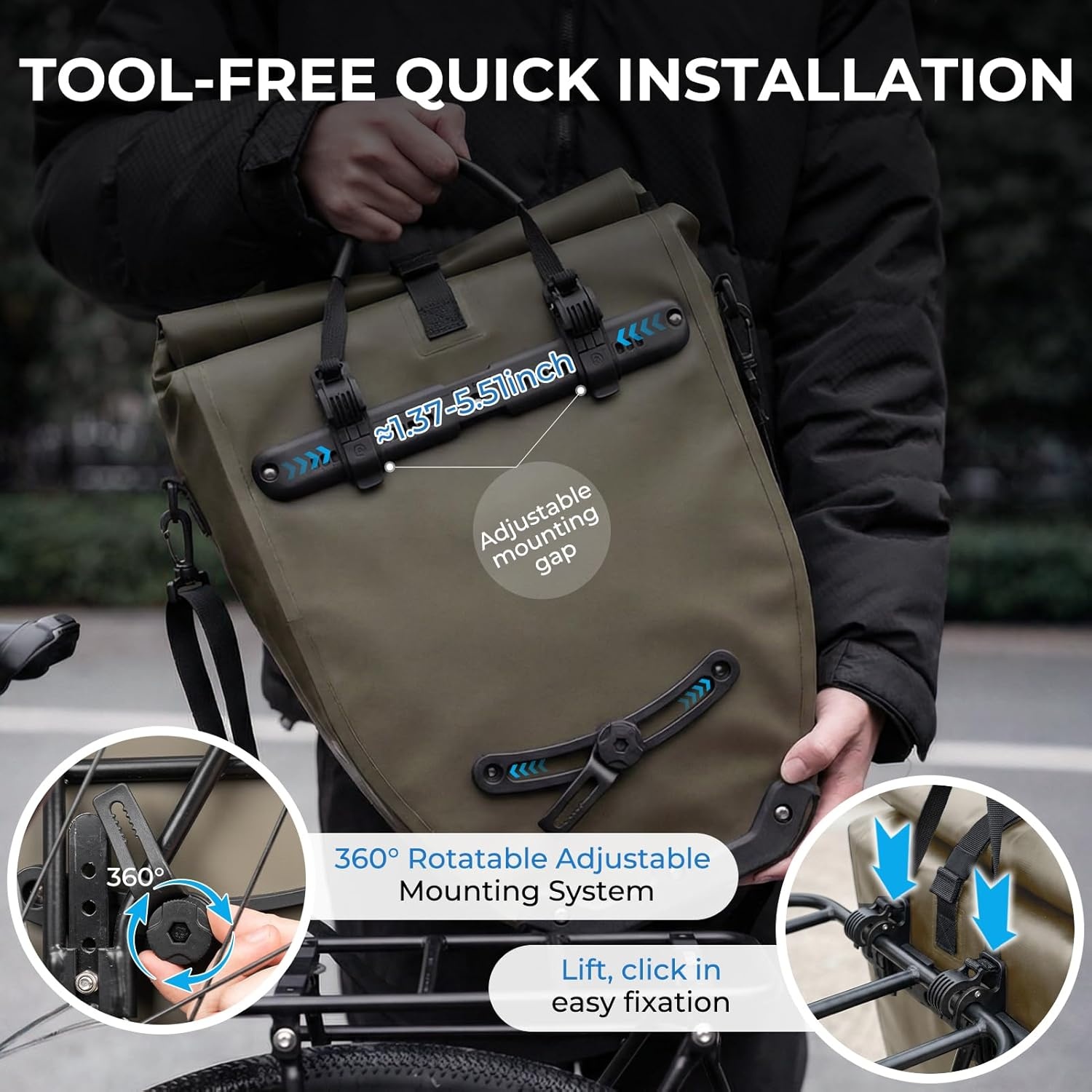 imageROCKBROS Bike Panniers 20L Waterproof Roll Up Bike Rack Bag Adjustable Quick Release BucklesReflective for Road Mountain Cycling Traveling CommutingDark Green2