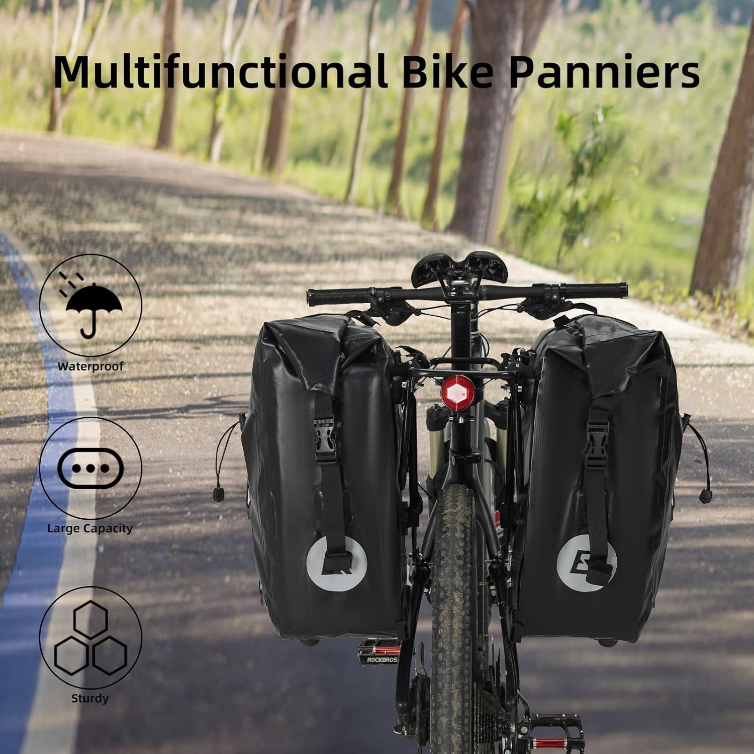 imageROCKBROS Bike Panniers Waterproof Bike Rear Rack Bag Max 30L Large Capacity Bike Rear Panniers for Cycling Traveling Commuting 2 PackBlack2