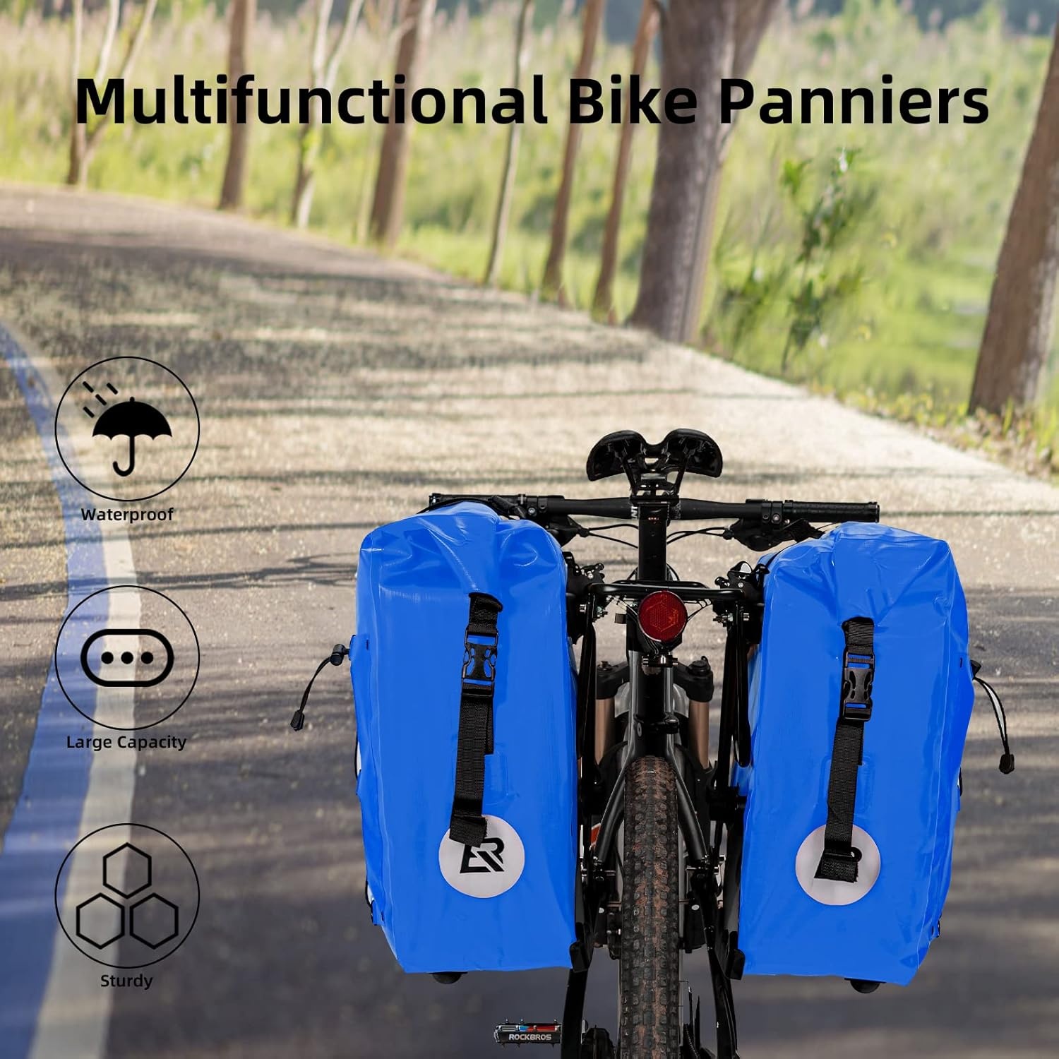 imageROCKBROS Bike Panniers Waterproof Bike Rear Rack Bag Max 30L Large Capacity Bike Rear Panniers for Cycling Traveling Commuting 2 PackBlue1