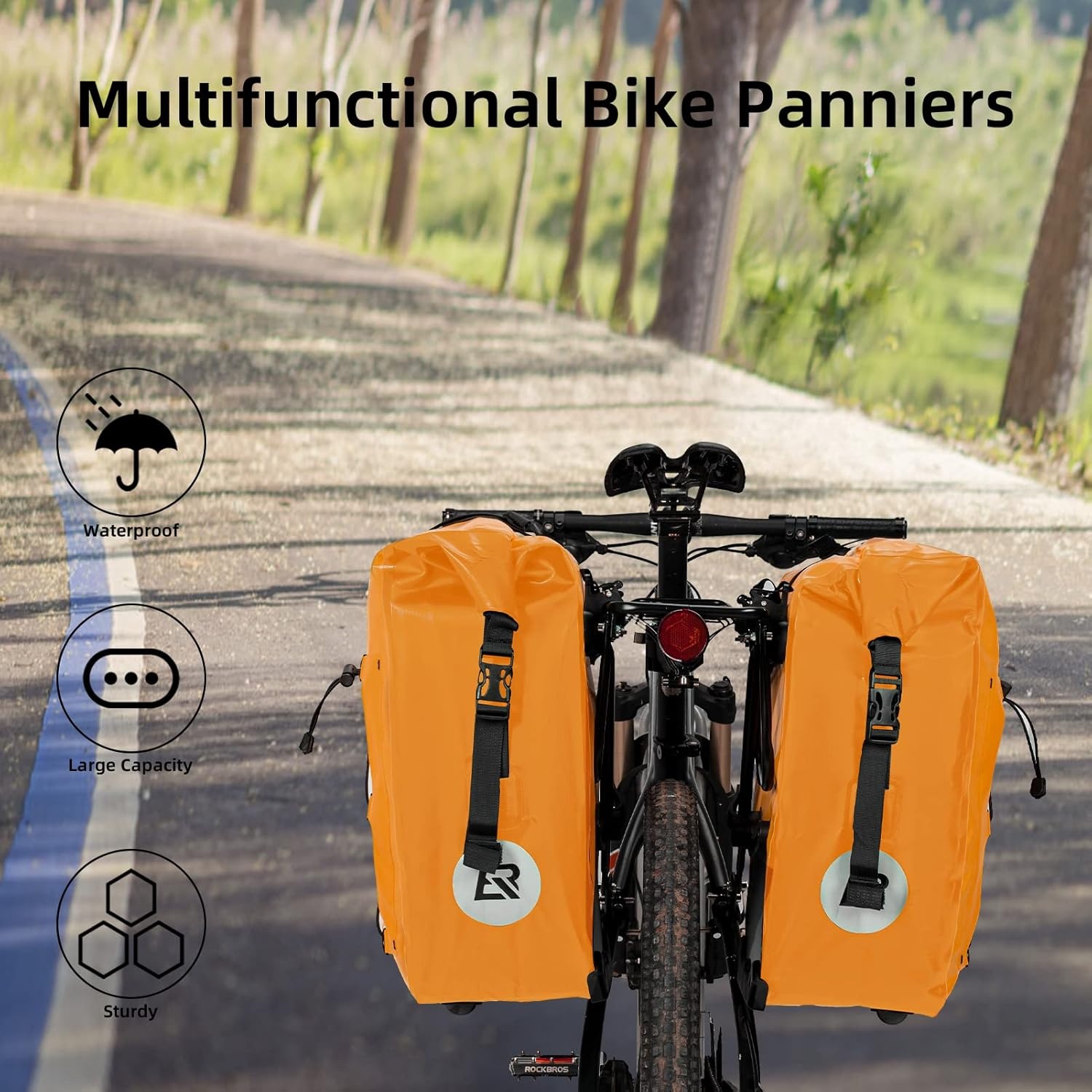 imageROCKBROS Bike Panniers Waterproof Bike Rear Rack Bag Max 30L Large Capacity Bike Rear Panniers for Cycling Traveling Commuting 2 PackOrange1