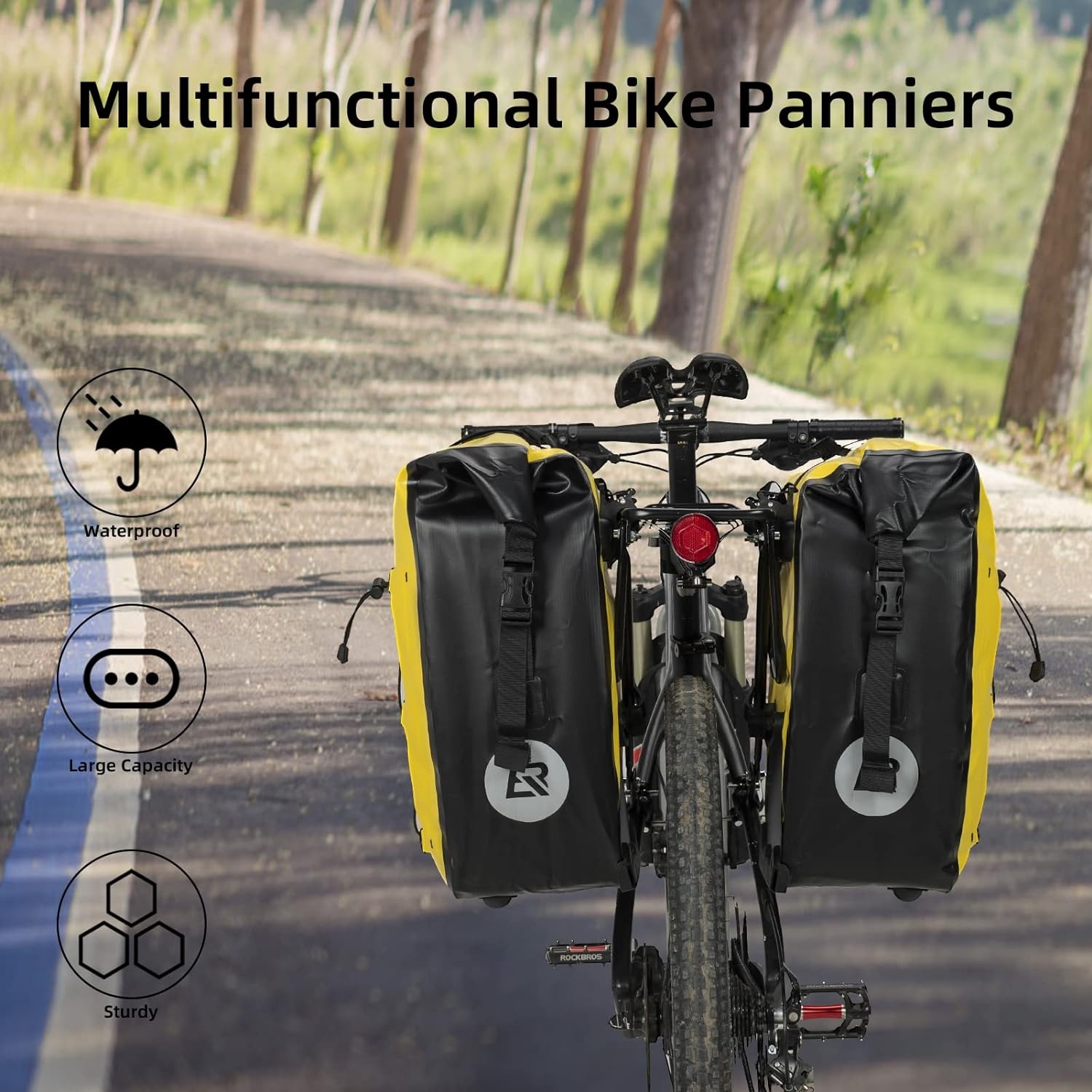 imageROCKBROS Bike Panniers Waterproof Bike Rear Rack Bag Max 30L Large Capacity Bike Rear Panniers for Cycling Traveling Commuting 2 PackYellow1