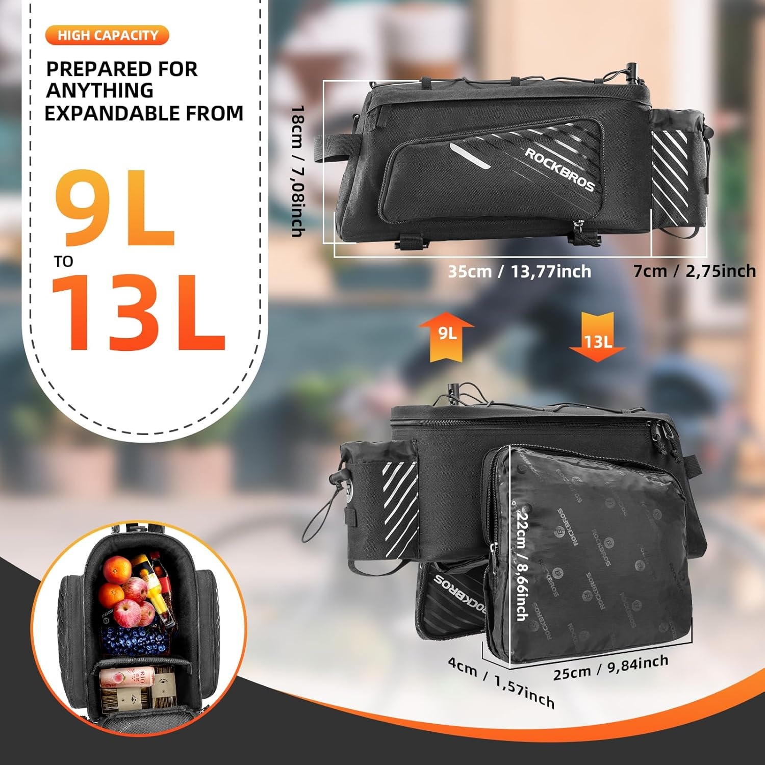 imageROCKBROS Bike Rack Bag Bicycle Bag Trunk Rear Rack Bag Bike Panniers Bike Accessories Basket Storage Luggage Saddle Shoulder Bag 13L for E bike Bicycle With Rain Cover Biking Accessories Gear