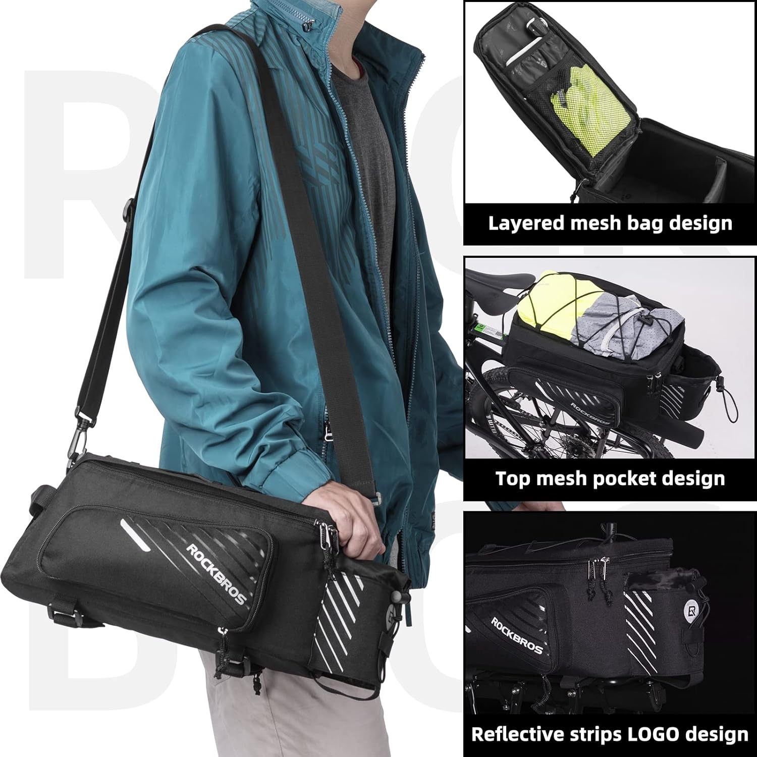 imageROCKBROS Bike Rack Bag Bicycle Bag Trunk Rear Rack Bag Bike Panniers Bike Accessories Basket Storage Luggage Saddle Shoulder Bag 13L for E bike Bicycle With Rain Cover Biking Accessories Gear