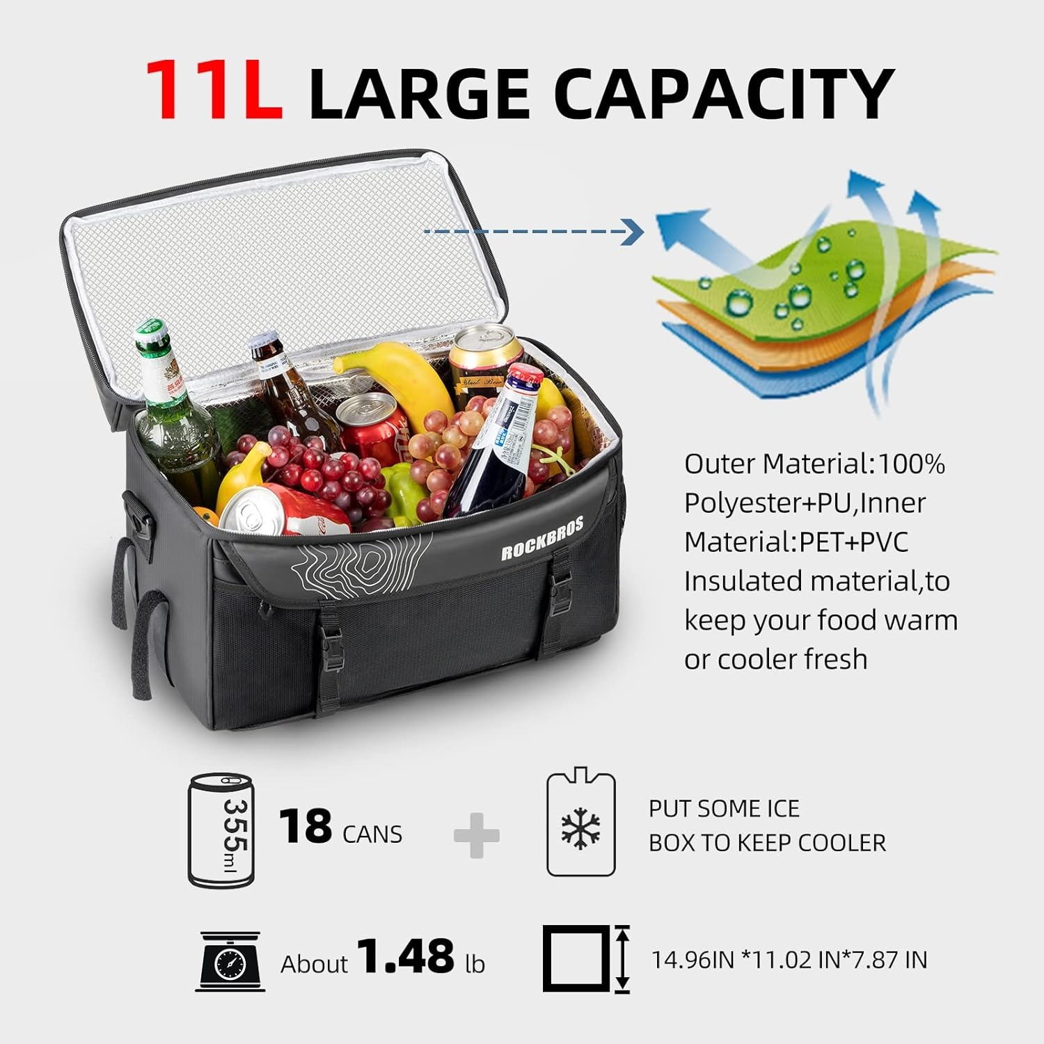 imageROCKBROS Bike Trunk Cooler Bag Bicycle Rack Rear Seat Carrier Bag Insulated Bike Panniers for Bicycle Commuter Shoulder Bag 11L Storage Luggage Bags for Cycling Accessories eBike Cargo Travel