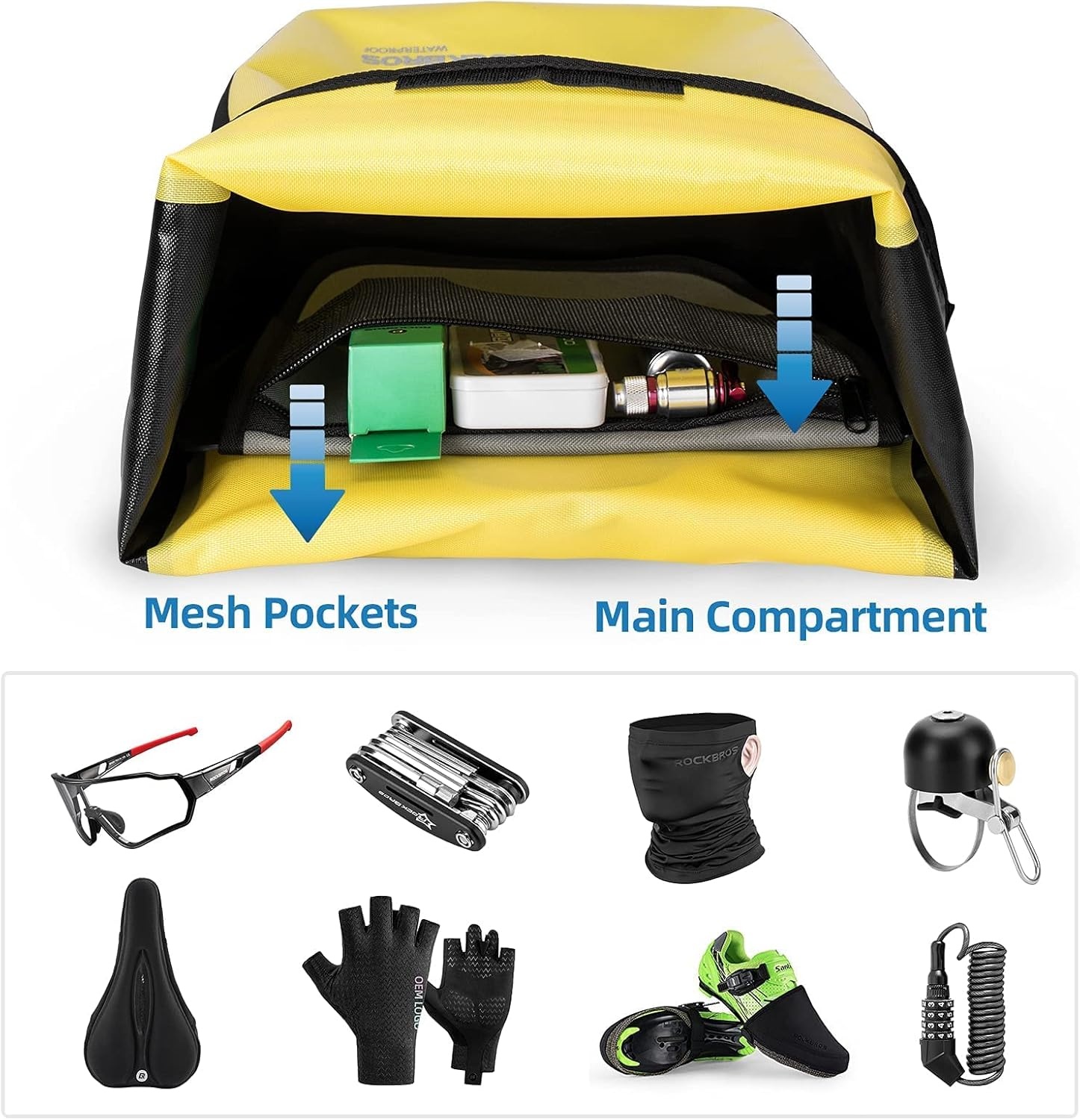 imageROCKBROS Front Roller Panniers Bag Front Rack Bike Bag Sturdy Shelf Package with Carrying Handle amp Free Shoulder Strap for Touring Picnic Commuting 1 PairYellow2