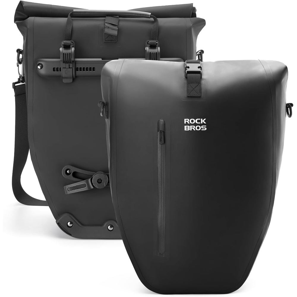 imageROCKBROS Bike Panniers 20L Waterproof Roll Up Bike Rack Bag Adjustable Quick Release BucklesReflective for Road Mountain Cycling Traveling CommutingBlack2