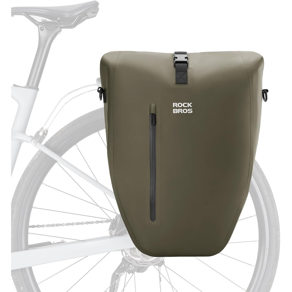imageROCKBROS Bike Panniers 20L Waterproof Roll Up Bike Rack Bag Adjustable Quick Release BucklesReflective for Road Mountain Cycling Traveling CommutingDark Green1