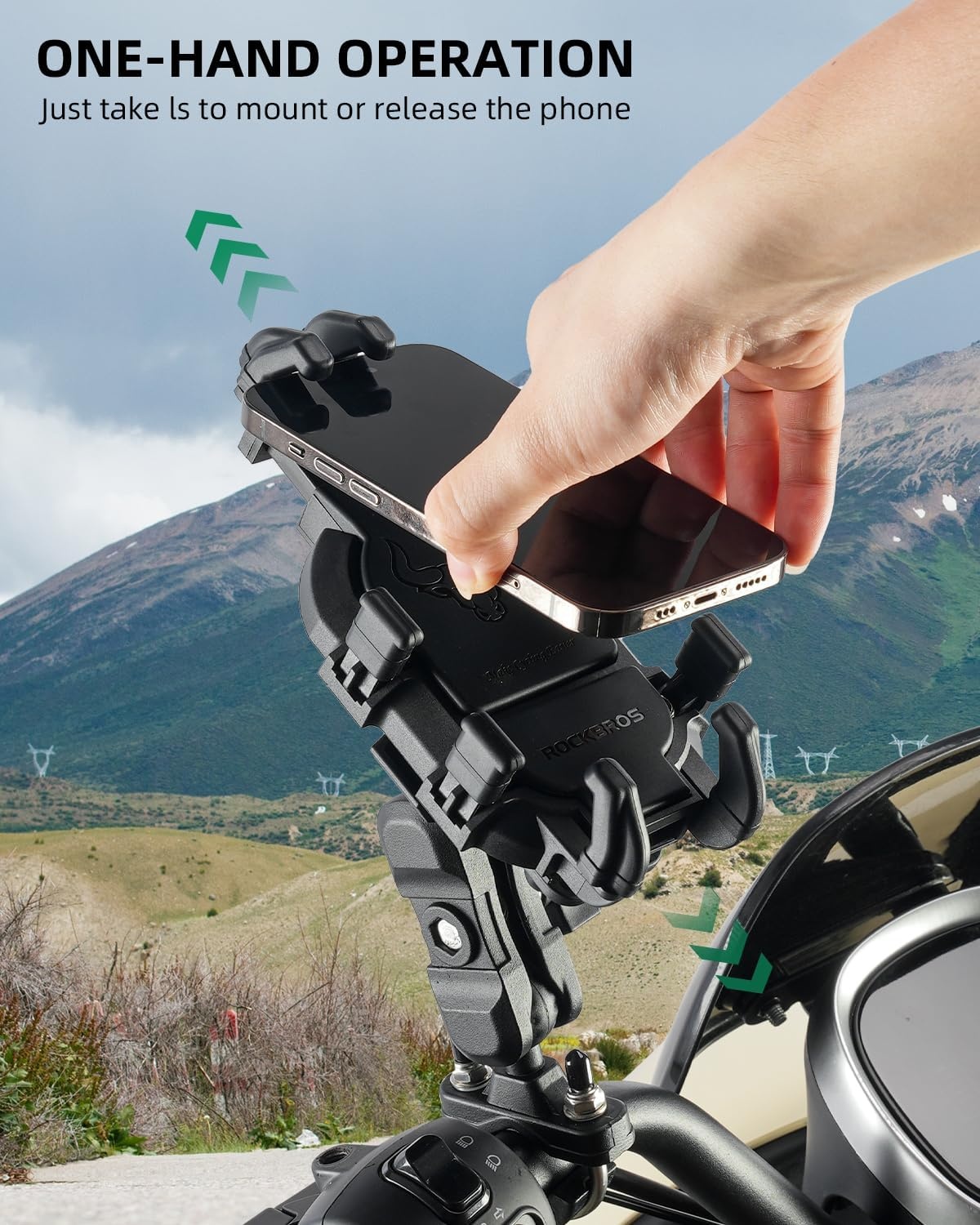 imageROCKBROS Aluminum Motorcycle Bike Phone Mount with Vibration Dampener for 4771 Phones Universal Handlebar Compatible with iPhone 16151413 Pro MaxUBracket Mount