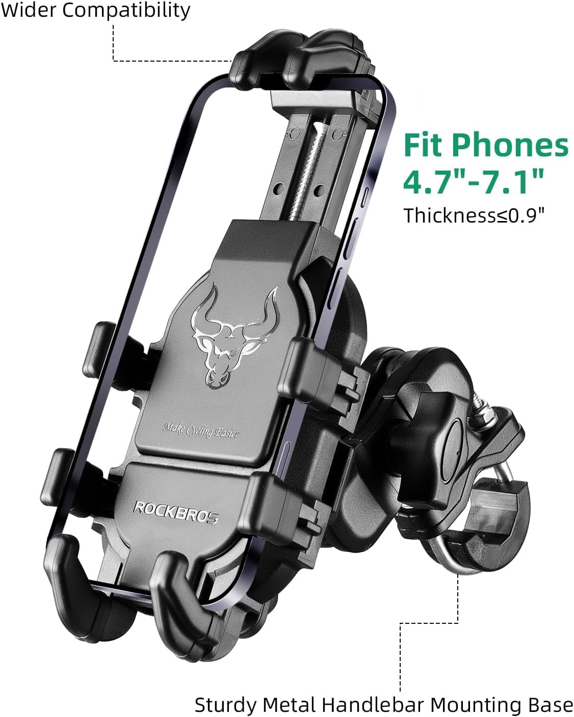 imageROCKBROS Aluminum Motorcycle Bike Phone Mount with Vibration Dampener for 4771 Phones Universal Handlebar Compatible with iPhone 16151413 Pro MaxUBracket Mount