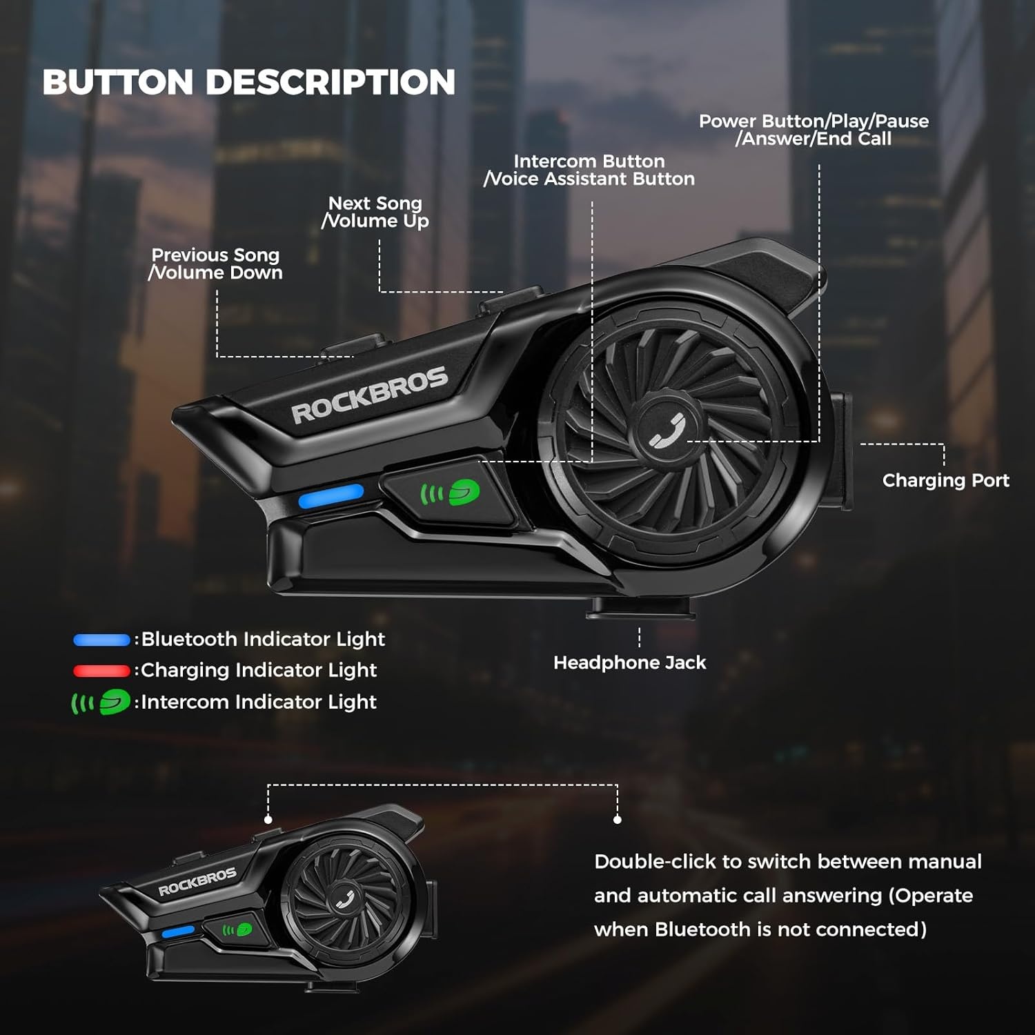 imageROCKBROS Bike Motorcycle Helmet Bluetooth Headset R1 Versatile Helmet Fit2Way Bluetooth Communication System for Skiing Snowboarding MTB and Outdoor Cycling Helmet Activities