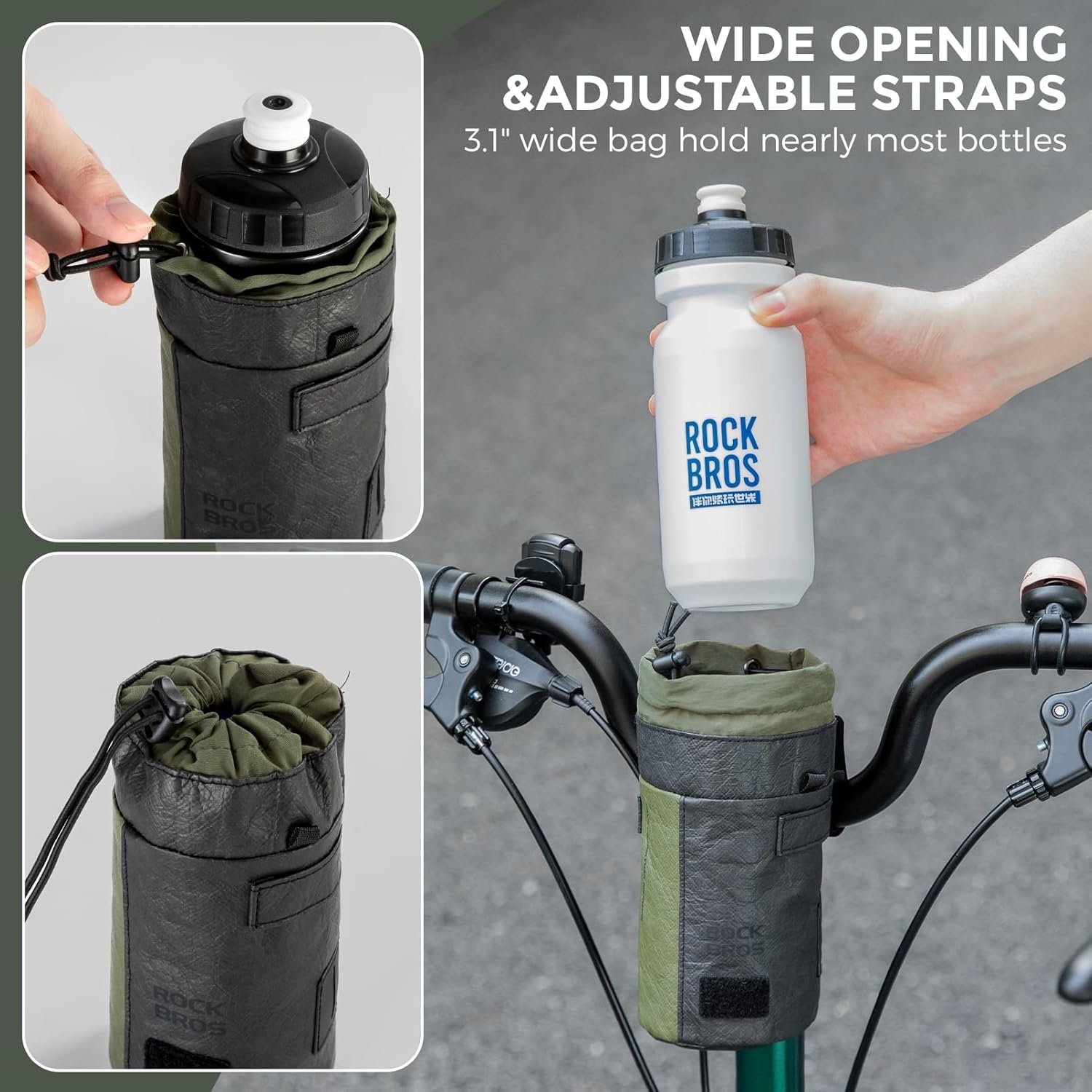 image:imageROCKBROS Bike Water Bottle Holder Bag Handlebar Bike Stem Bag HandsFree MultiStrap Mount UltraLight Bike Cup Holder