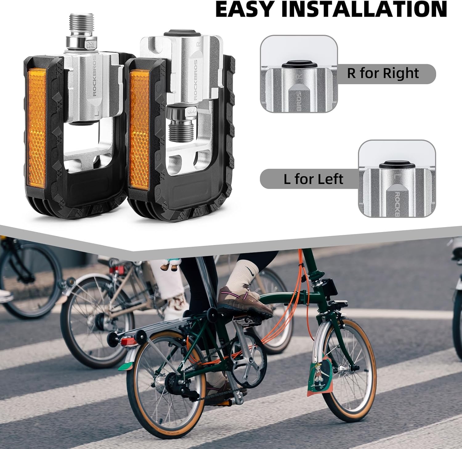 image:imageROCKBROS Folding Bike Pedals Aluminum Alloy Foldable Bicycle Pedals 916 Inch Lightweight with Reflective StripsampNon Slip for Folding Bike Electric Bike