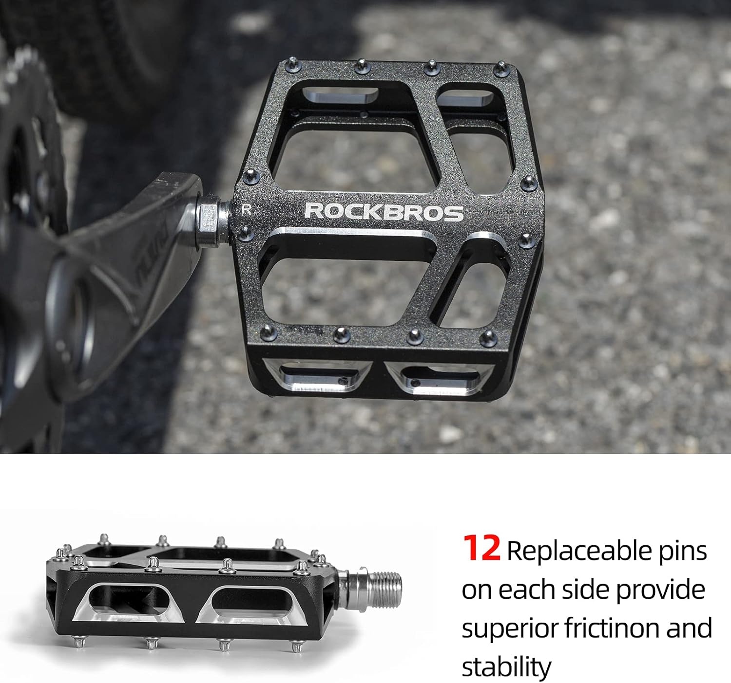 image:imageROCKBROS Mountain Bike Pedals MTB Pedal Aluminum Bicycle Wide Platform Flat Pedals 916 Cycling Sealed Bearing Pedals for Road Mountain BMX MTB Bike