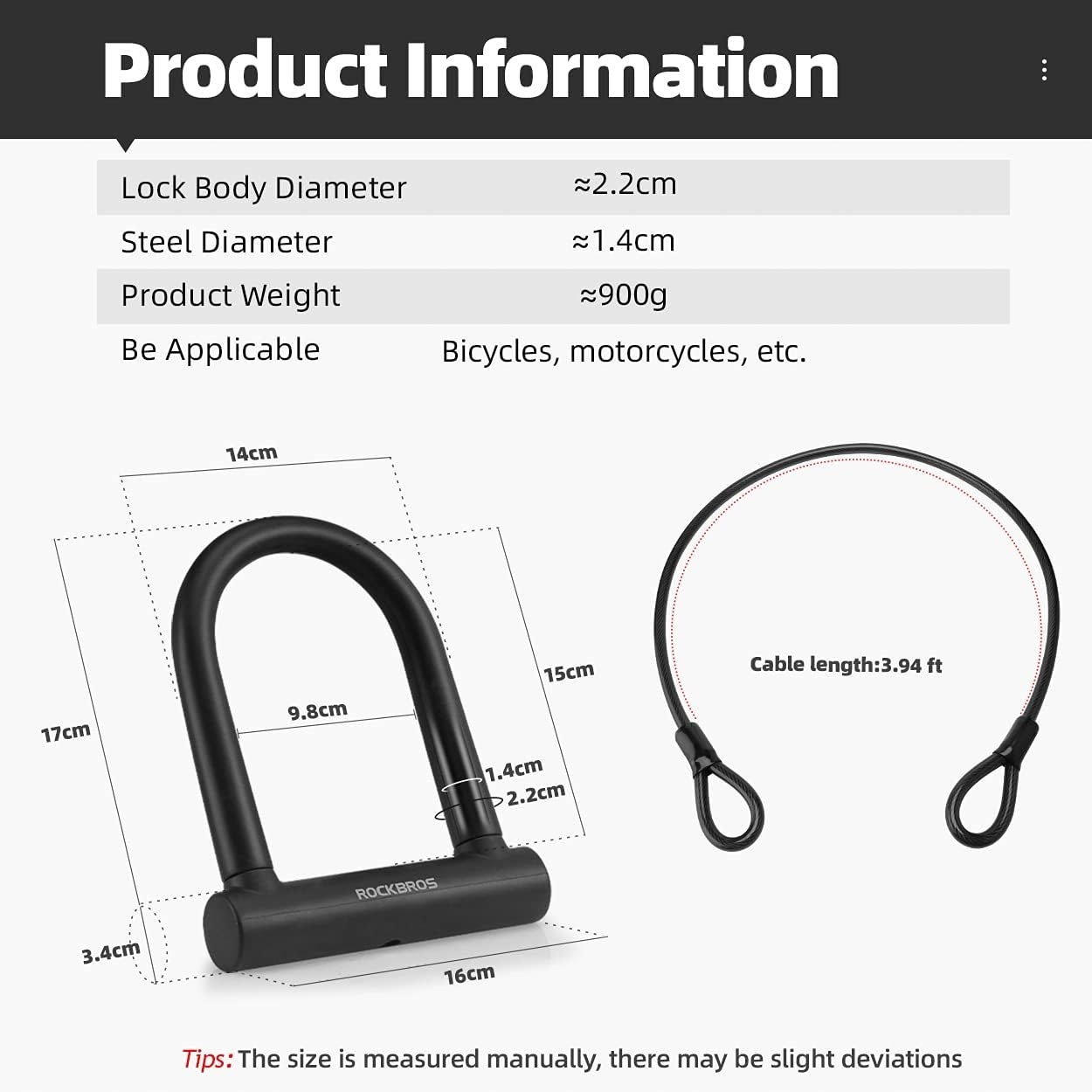 image:imageROCKBROS U Lock Bike U Lock with Cable Heavy Duty Anti Theft Bike Lock ULock 4 ft Cable Mounting Bracket for Bikes eBikes Motorcycles ScootersBlack
