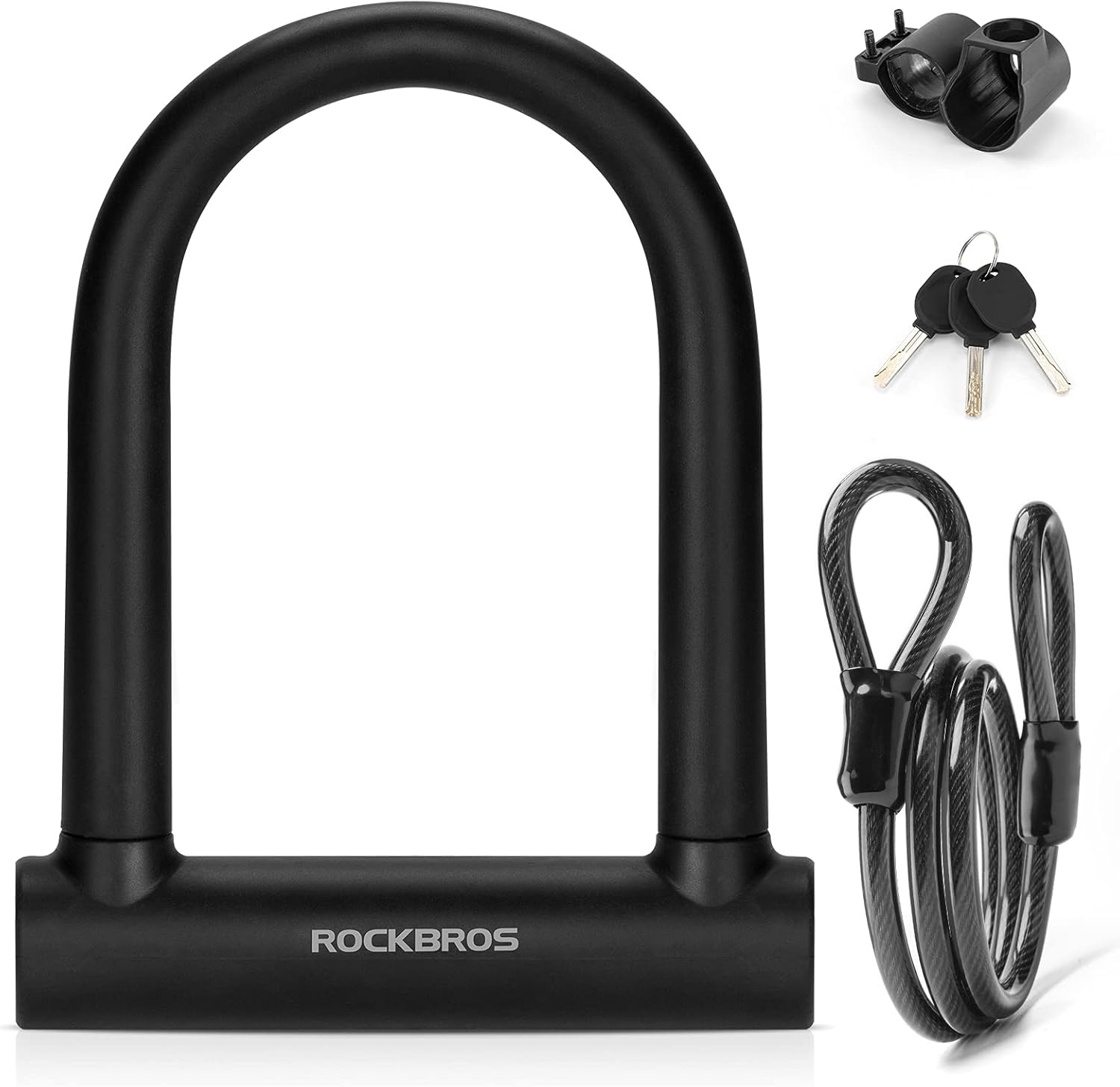 image:imageROCKBROS U Lock Bike U Lock with Cable Heavy Duty Anti Theft Bike Lock ULock 4 ft Cable Mounting Bracket for Bikes eBikes Motorcycles ScootersBlack