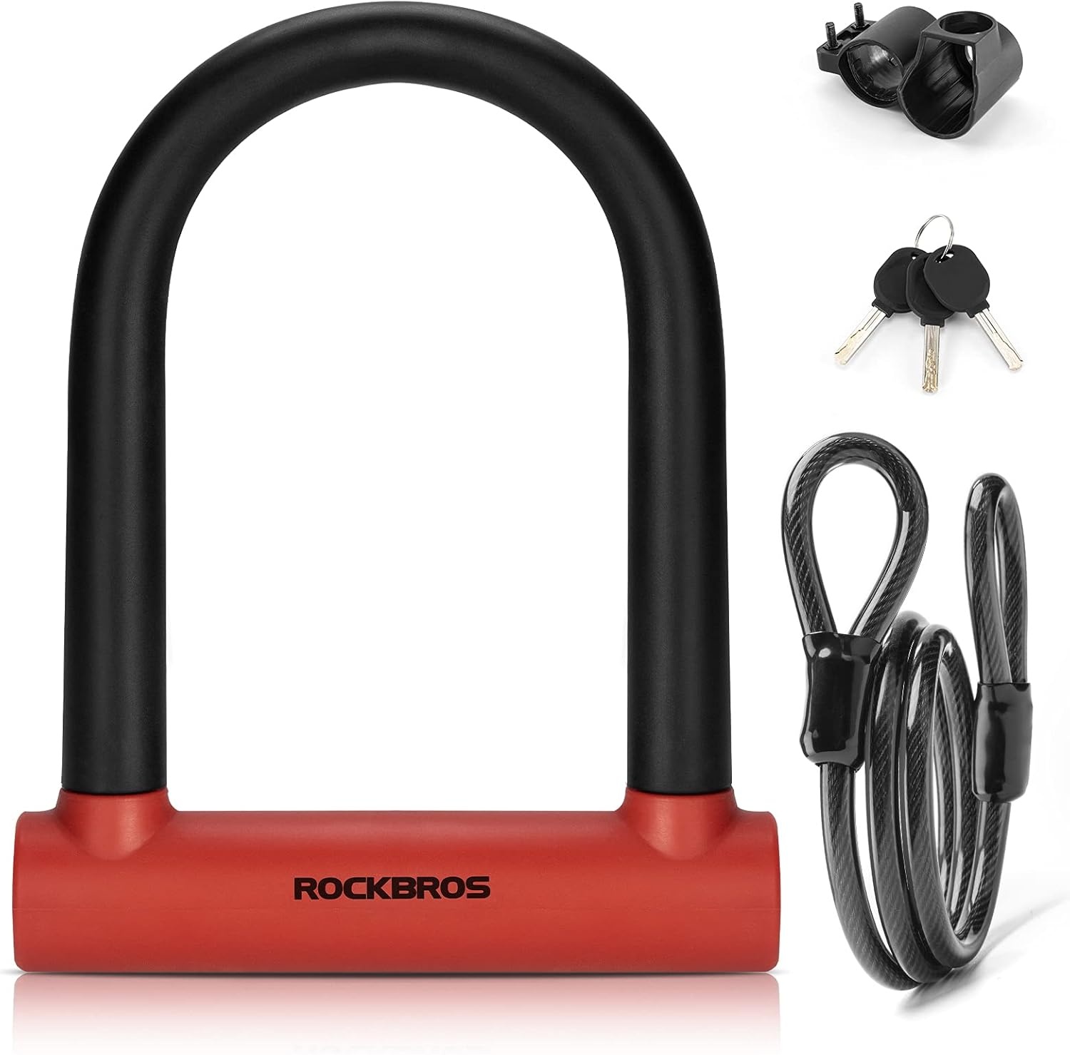 image:imageROCKBROS U Lock Bike U Lock with Cable Heavy Duty Anti Theft Bike Lock ULock 4 ft Cable Mounting Bracket for Bikes eBikes Motorcycles ScootersRed