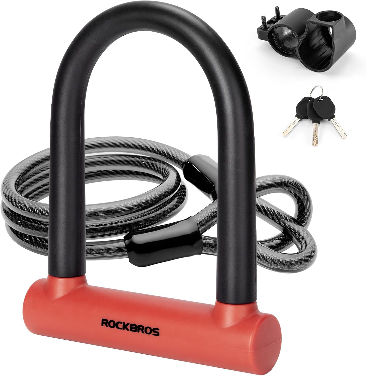 image:imageROCKBROS U Lock Bike U Lock with Cable Heavy Duty Anti Theft Bike Lock ULock 4 ft Cable Mounting Bracket for Bikes eBikes Motorcycles ScootersRed