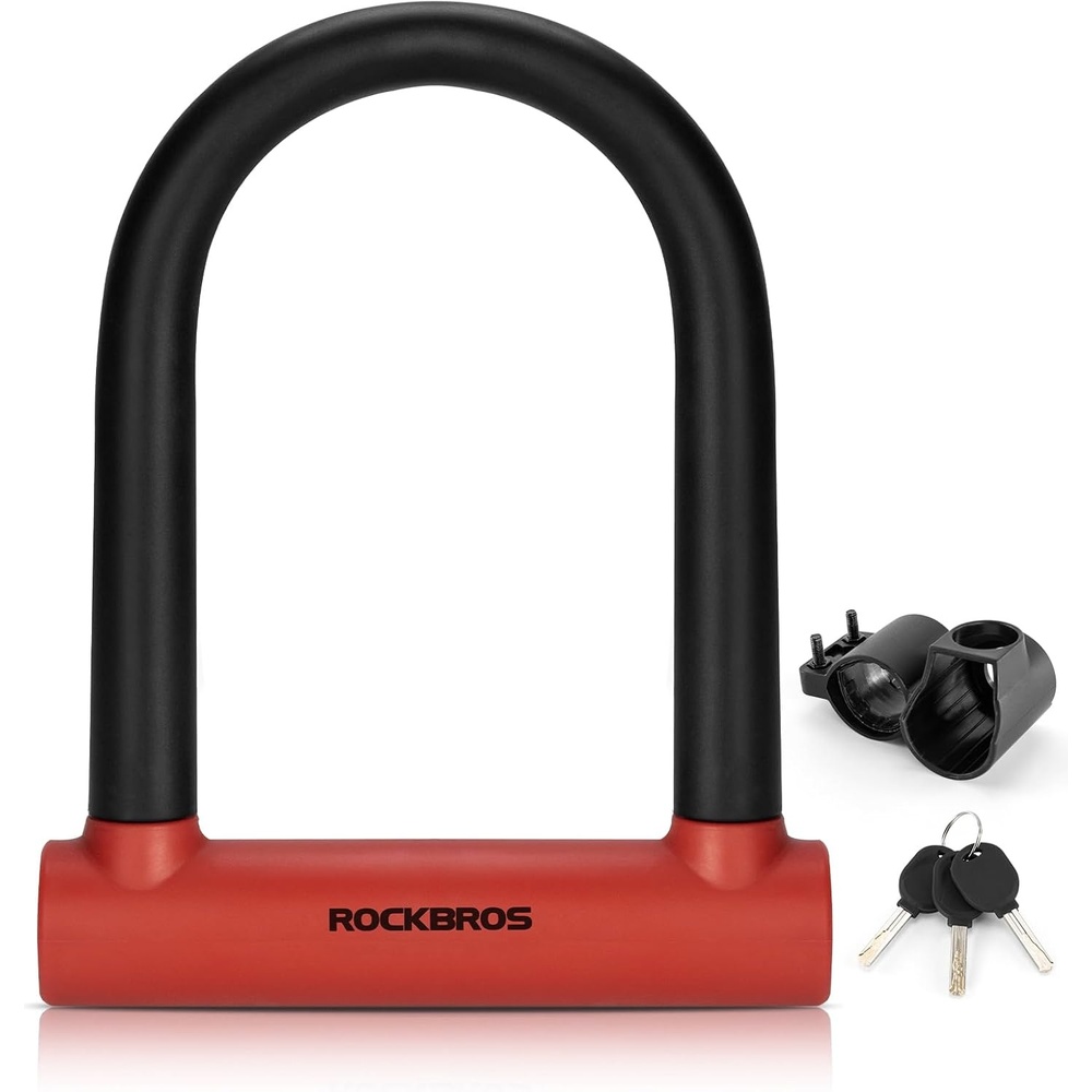 image:imageROCKBROS U Lock Bike U Lock with Cable Heavy Duty Anti Theft Bike Lock ULock 4 ft Cable Mounting Bracket for Bikes eBikes Motorcycles ScootersRed