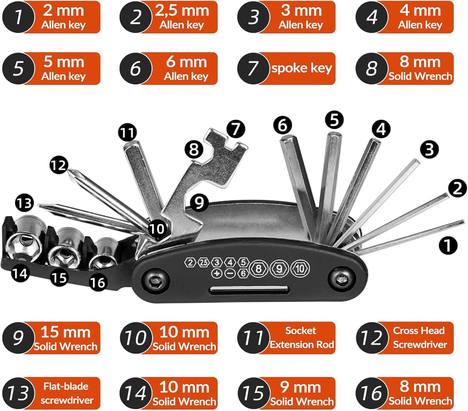 image:imageROCKBROS 16 In 1 MultiFunction Bike Tool Kit Portable Foldable Bike Multitool Cycling Tool Kit With Allen Wrench Tire Levers16 in 1 Tools1 Pack
