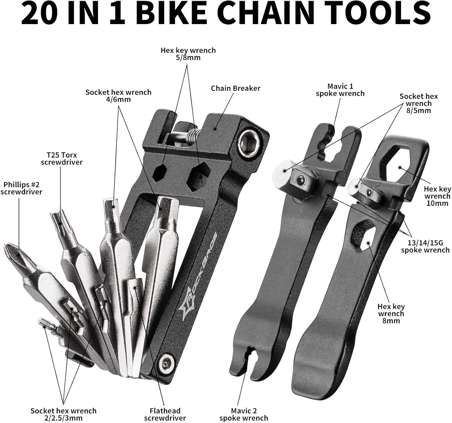 image:imageROCKBROS 16 In 1 MultiFunction Bike Tool Kit Portable Foldable Bike Multitool Cycling Tool Kit With Allen Wrench Tire Levers20 in 1 Tools
