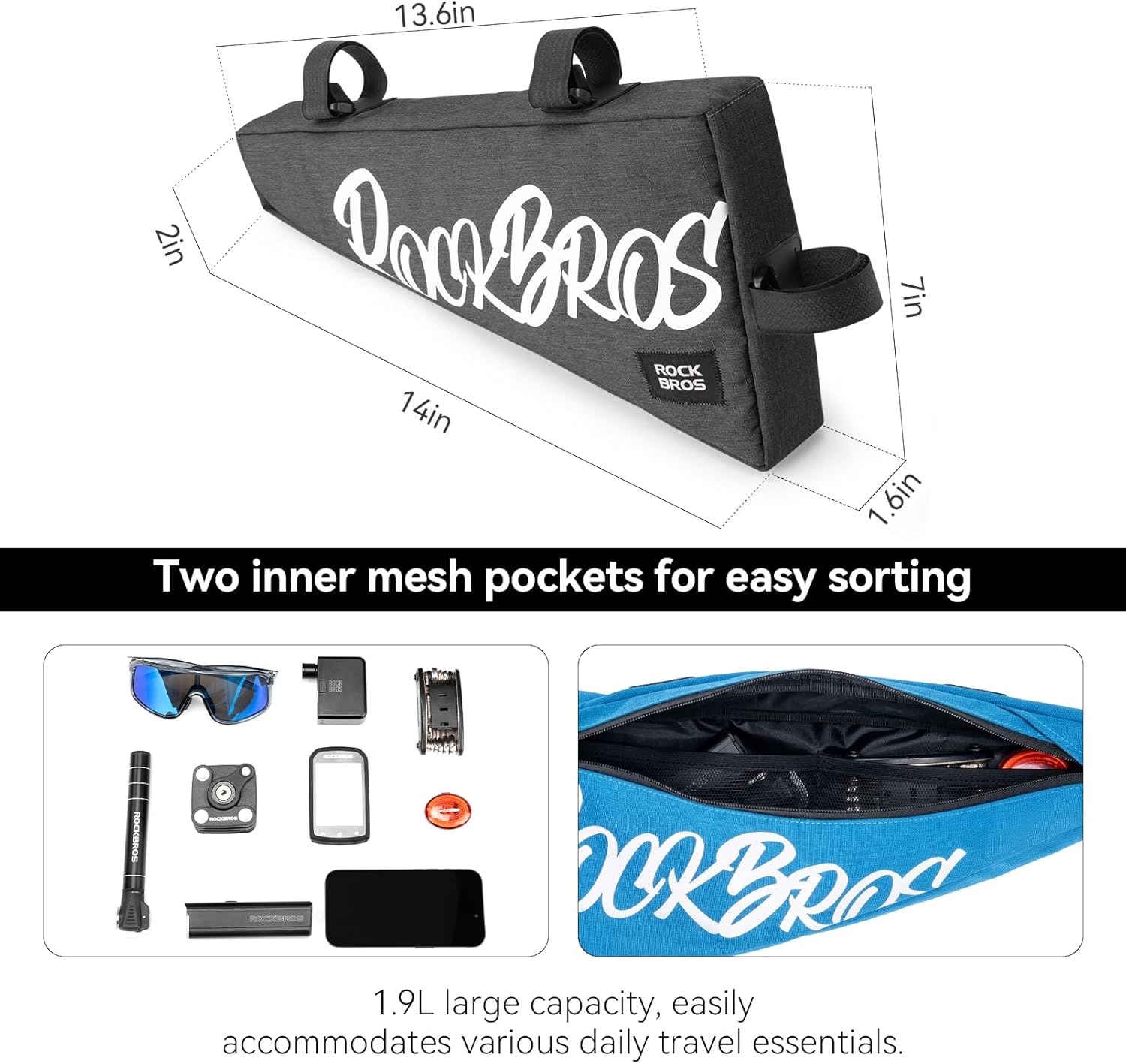 image:imageROCKBROS Bike Frame Bag 19L Bike Triangle Bag Water Resistant Bike Frame Pouch BlackBlueRed Bike Bag for Bicycles BlackBlue