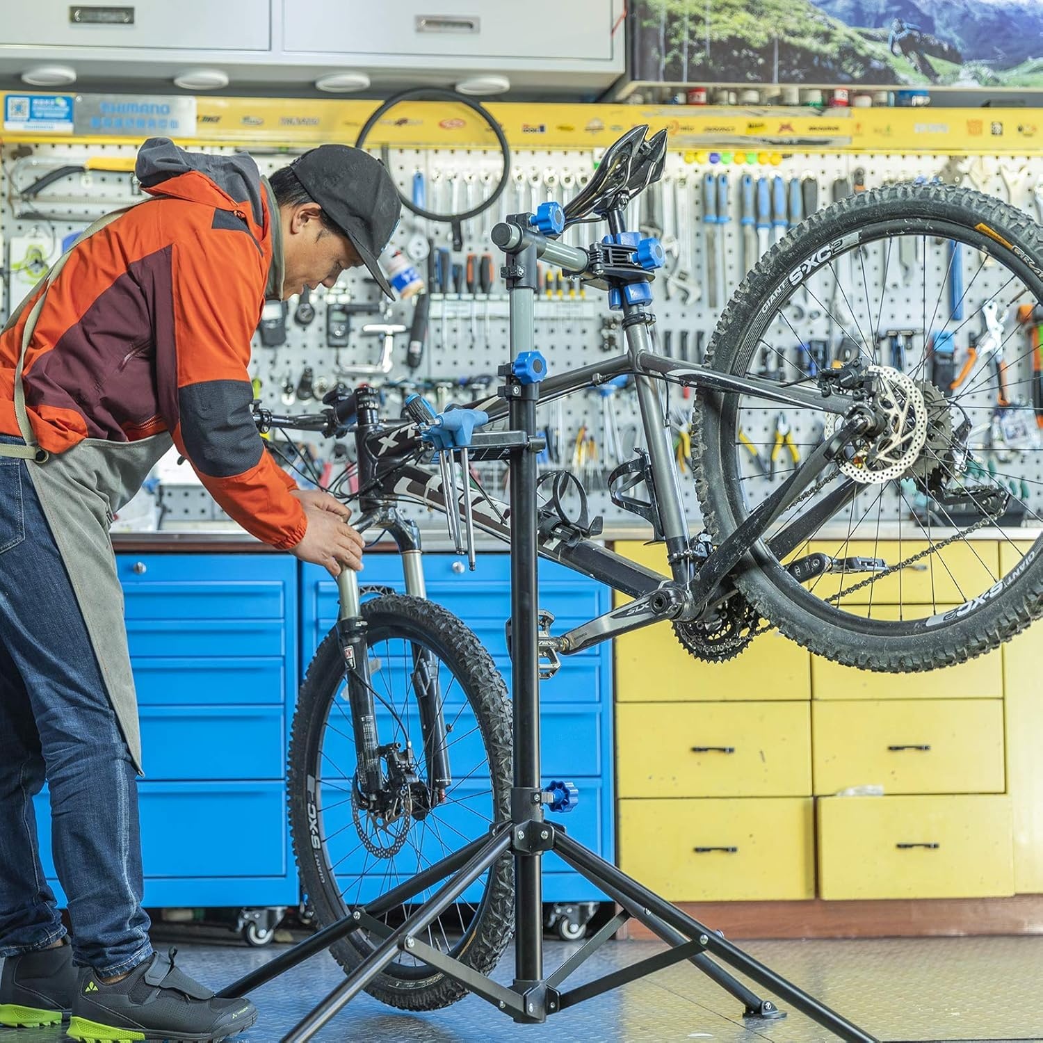 image:imageROCKBROS Bike Repair Stand Bicycle Maintenance Rack Bike Stand for Maintenance Height Adjustable Foldable Bike Repair Mechanic Stand with Tool Tray for Mountain Road Bikes