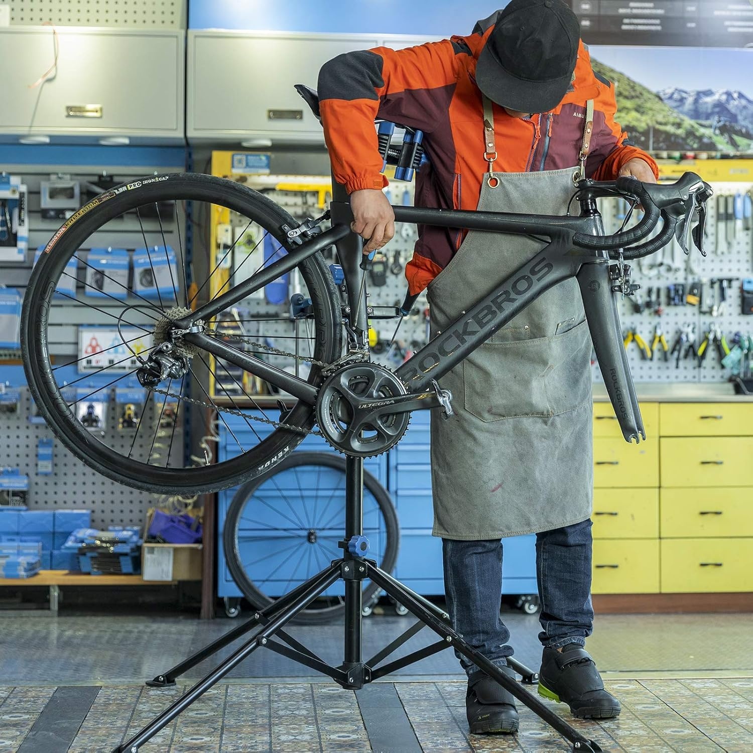 image:imageROCKBROS Bike Repair Stand Bicycle Maintenance Rack Bike Stand for Maintenance Height Adjustable Foldable Bike Repair Mechanic Stand with Tool Tray for Mountain Road Bikes