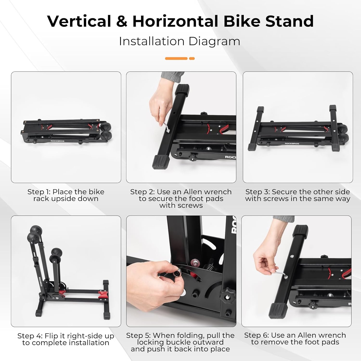 image:imageROCKBROS Bike Stand 2in1 Vertical amp Horizontal Bike Stand Floor Foldable Adjustable Bike Parking Rack for 24 275 Mountain Road Bike Indoor Storage Garage
