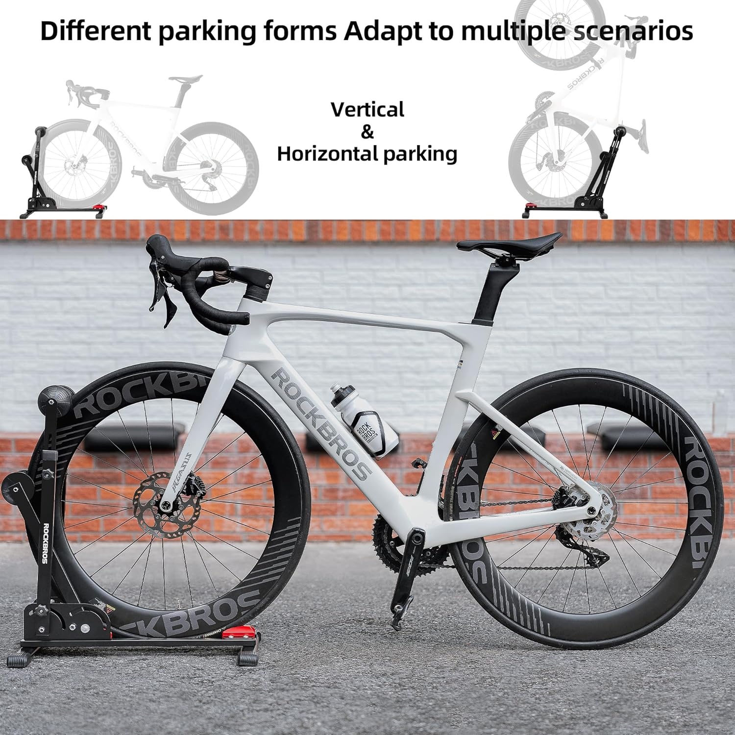 image:imageROCKBROS Bike Stand 2in1 Vertical amp Horizontal Bike Stand Floor Foldable Adjustable Bike Parking Rack for 24 275 Mountain Road Bike Indoor Storage Garage