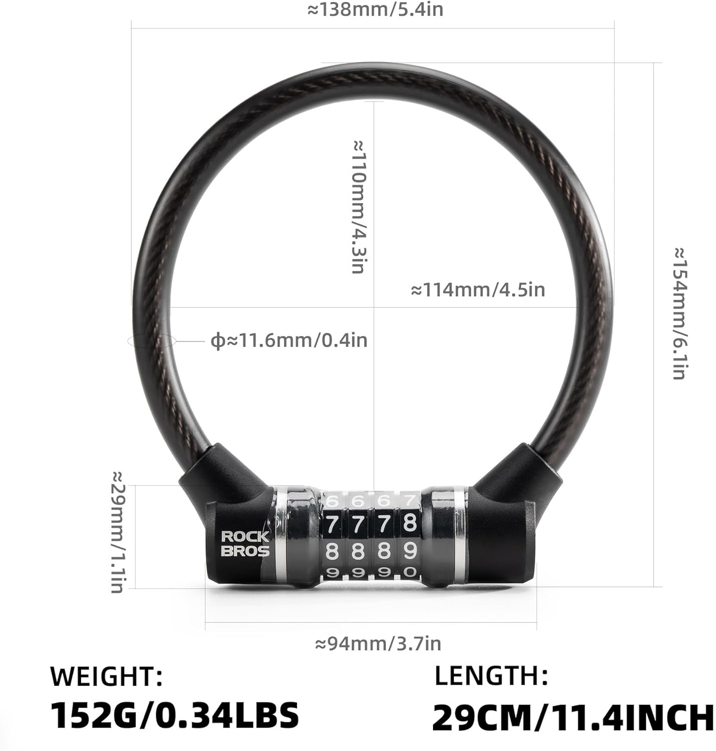 image:imageROCKBROS Cable Lock Combination Bike Lock 4 Digit Mini Lock 114 Long Resettable Cable Lock AntiTheft Accessories Black