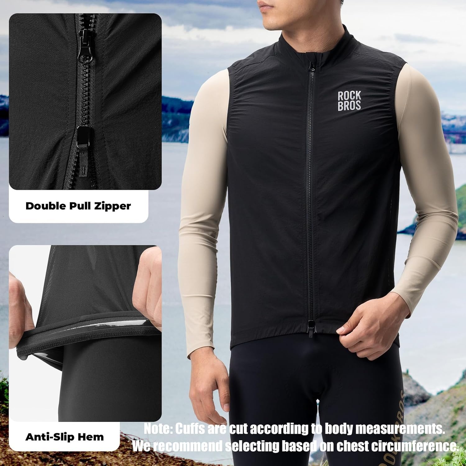 image:imageROCKBROS Cycling Wind Vest Sleeveless Biking Vest Windbreaker Vest for Men Cooling amp Lightweight Vest Gilet for RunningBlack