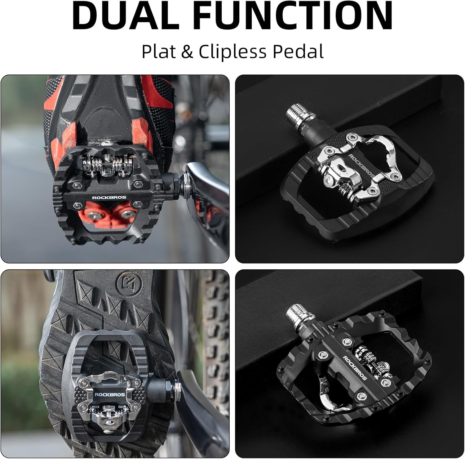 image:imageROCKBROS Mountain Bike Pedals Dual Function Sealed Clipless Flat Platform Compatible with SPD Bicycle Pedals for Mountain Bike MTB Pedals Flat