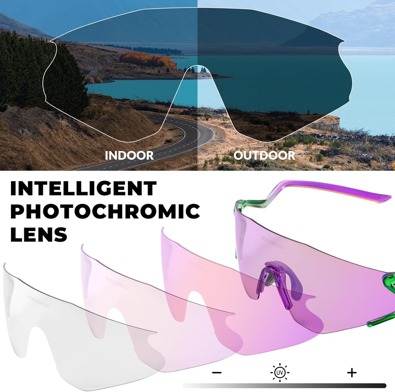 image:imageROCKBROS Photochromic Cycling Glasses for Men Women 24g Unique Temples amp Raised Frame UV400 Bike GlassesGreenpurple