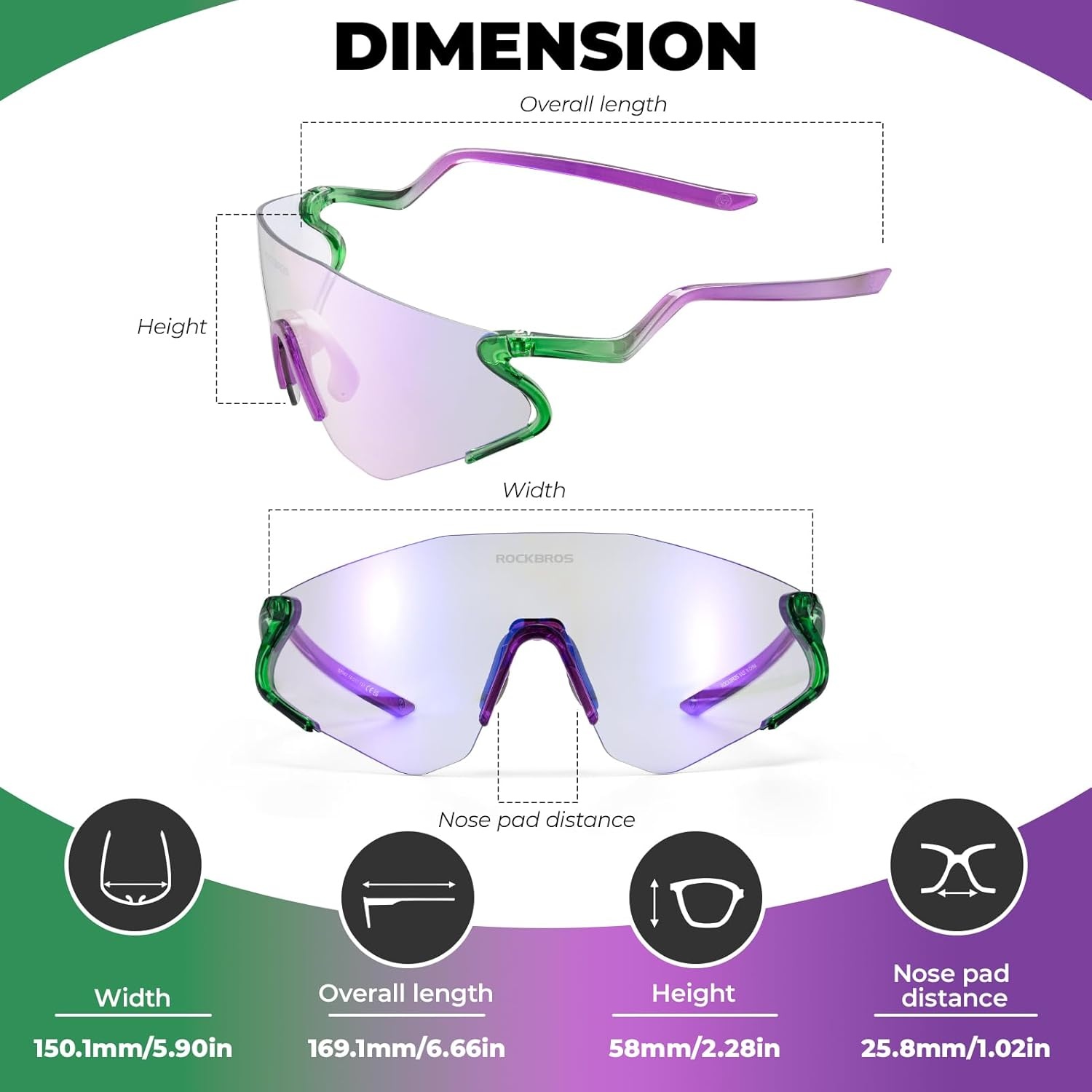 image:imageROCKBROS Photochromic Cycling Glasses for Men Women 24g Unique Temples amp Raised Frame UV400 Bike GlassesGreenpurple