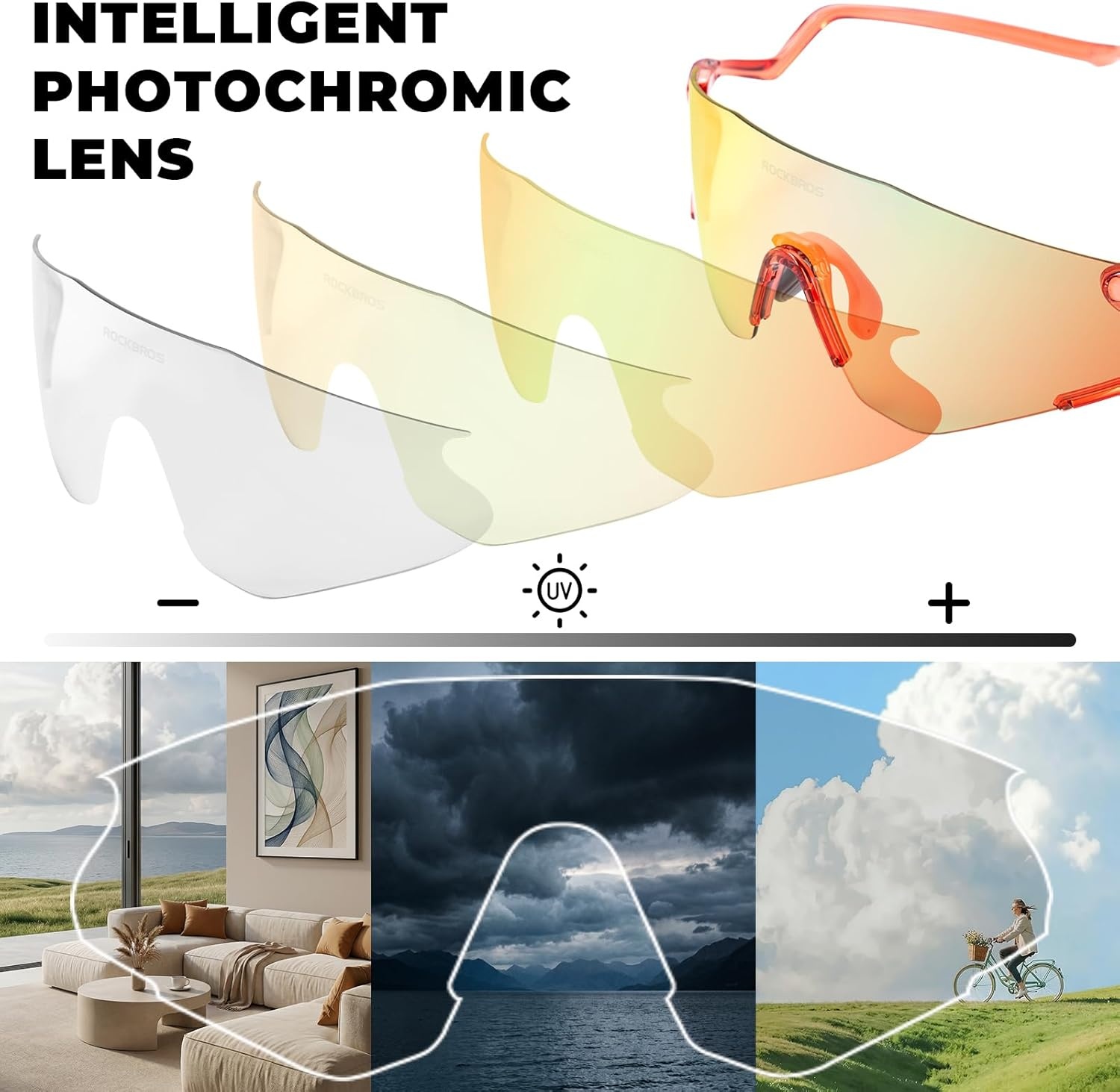 image:imageROCKBROS Photochromic Safety Glasses Transition Cycling Glasses for Men Women Sports Sunglasses for Running PickleballBlack Red Photochromic Lens Transparent Red Frame