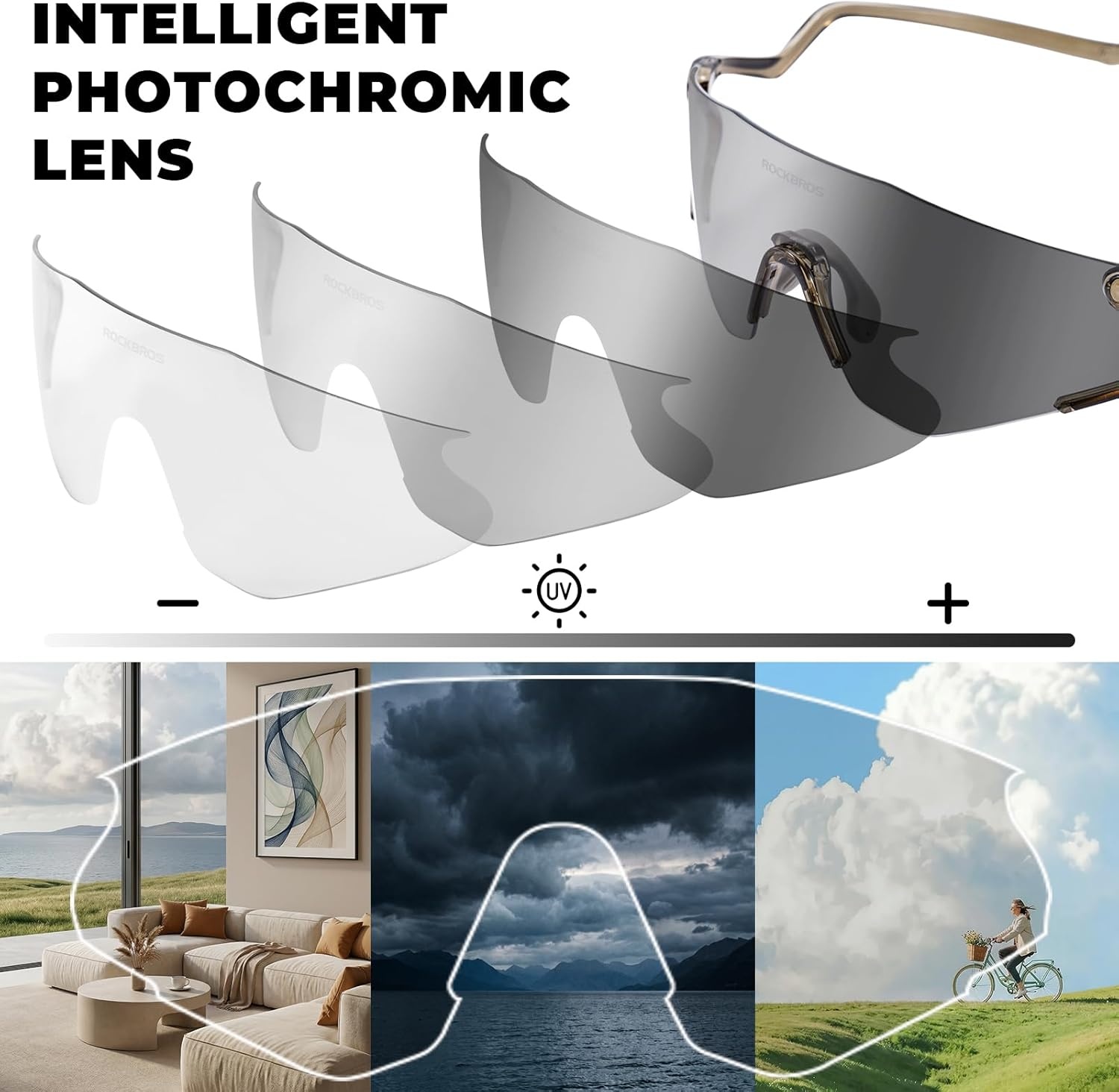 image:imageROCKBROS Photochromic Safety Glasses Transition Cycling Glasses for Men Women Sports Sunglasses for Running PickleballClear Photochromic Lens Transparent Green Frame