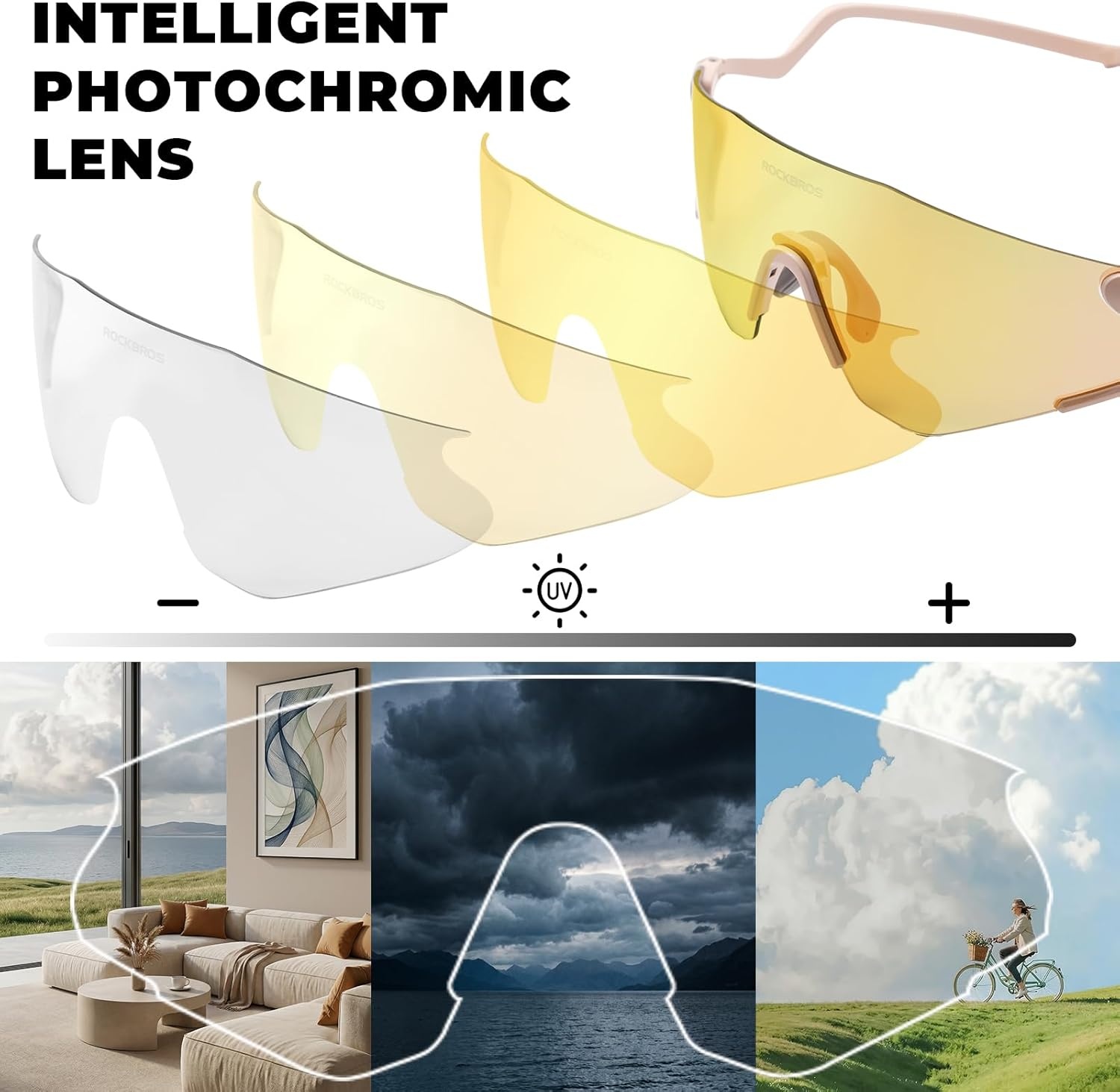image:imageROCKBROS Photochromic Safety Glasses Transition Cycling Glasses for Men Women Sports Sunglasses for Running PickleballGold Photochromic Lens Matte Beige Frame