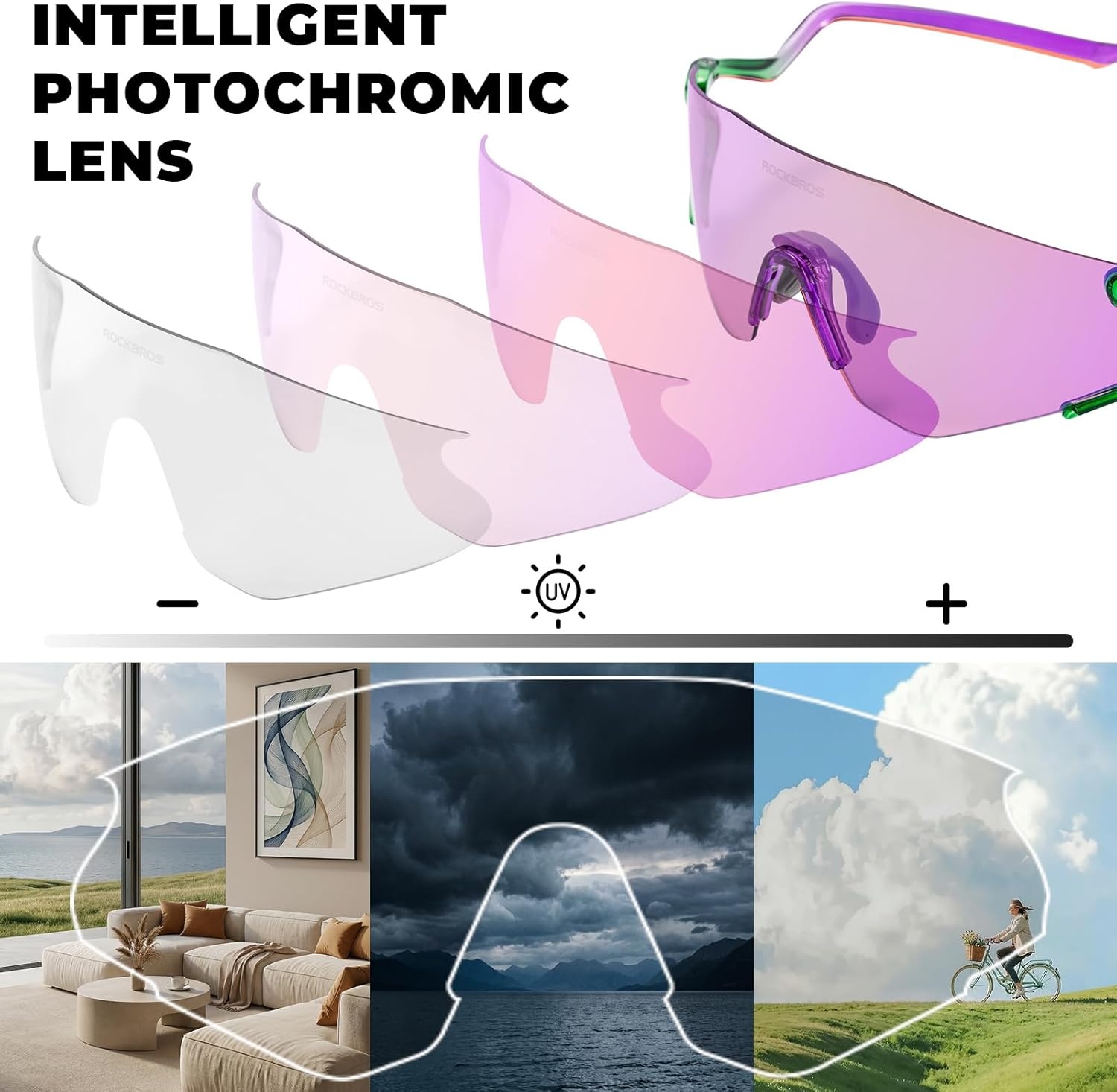 image:imageROCKBROS Photochromic Safety Glasses Transition Cycling Glasses for Men Women Sports Sunglasses for Running PickleballPurple Photochromic Lens Transparent Green Purple Frame