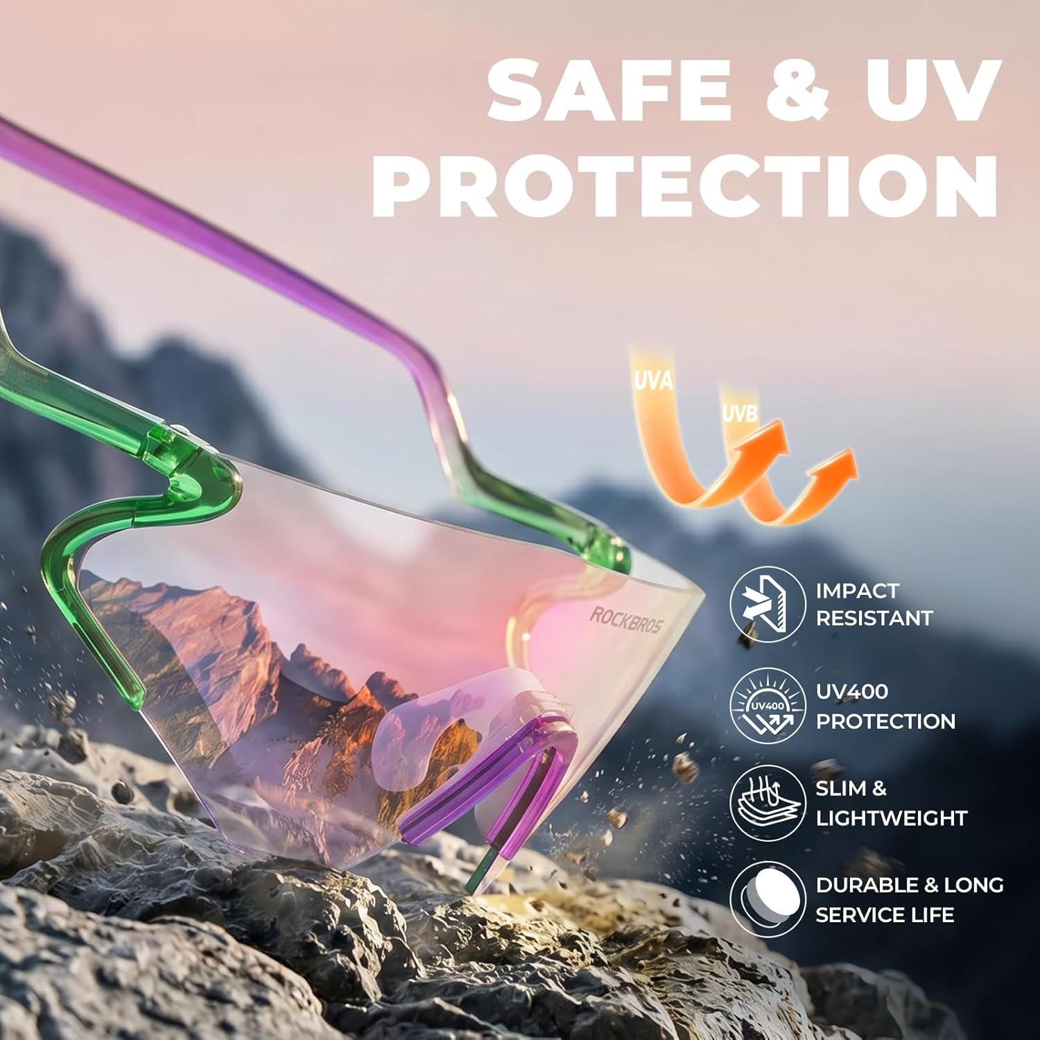 image:imageROCKBROS Photochromic Safety Glasses Transition Cycling Glasses for Men Women Sports Sunglasses for Running PickleballPurple Photochromic Lens Transparent Green Purple Frame