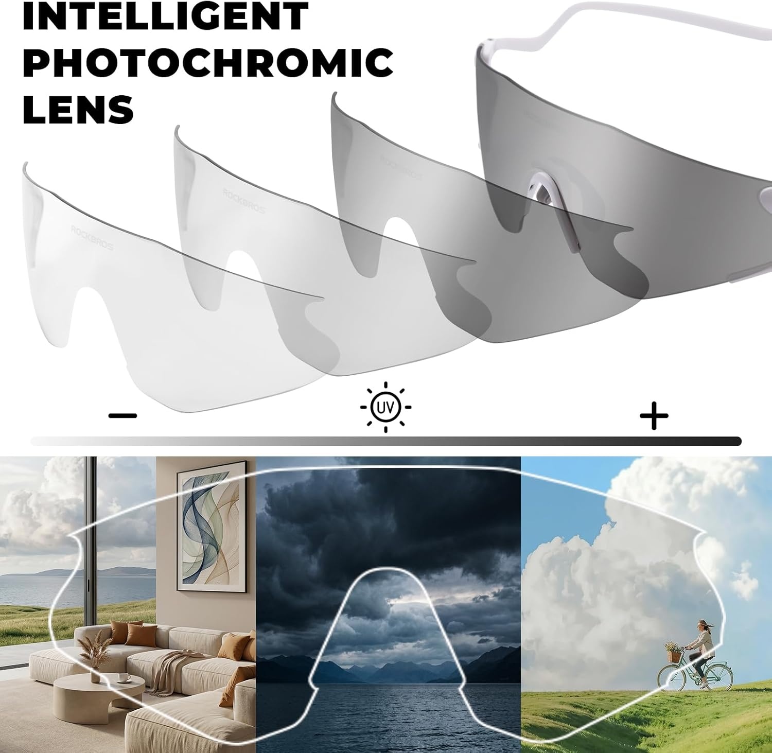 image:imageROCKBROS Photochromic Safety Glasses Transition Cycling Glasses for Men Women Sports Sunglasses for Running PickleballSilver Photochromic Lens Matte White Frame