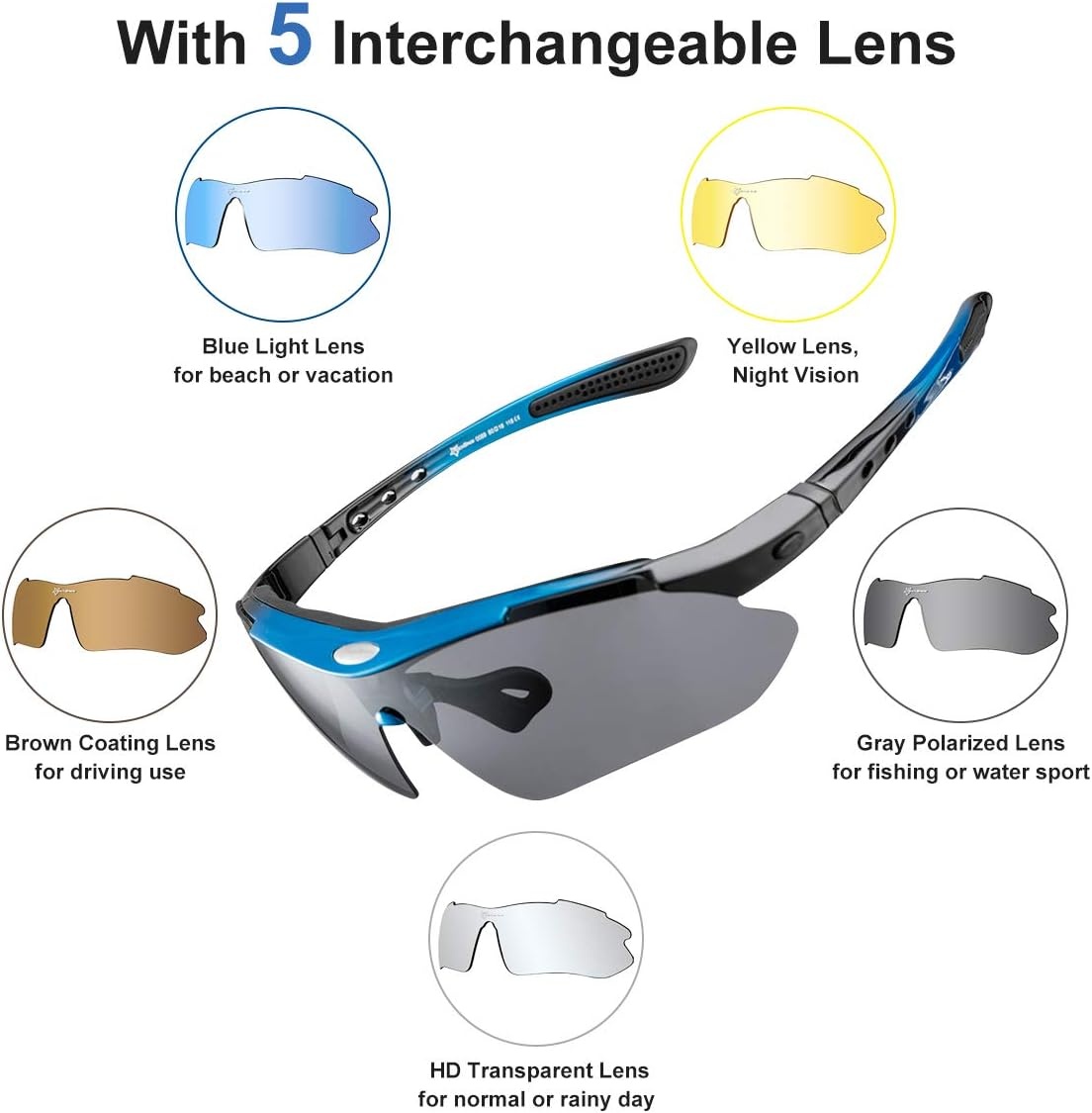 image:imageROCKBROS Polarized Cycling Glasses for Men Sports Glasses with 5 Interchangeable Lens for Running Pickleball BaseballBlue