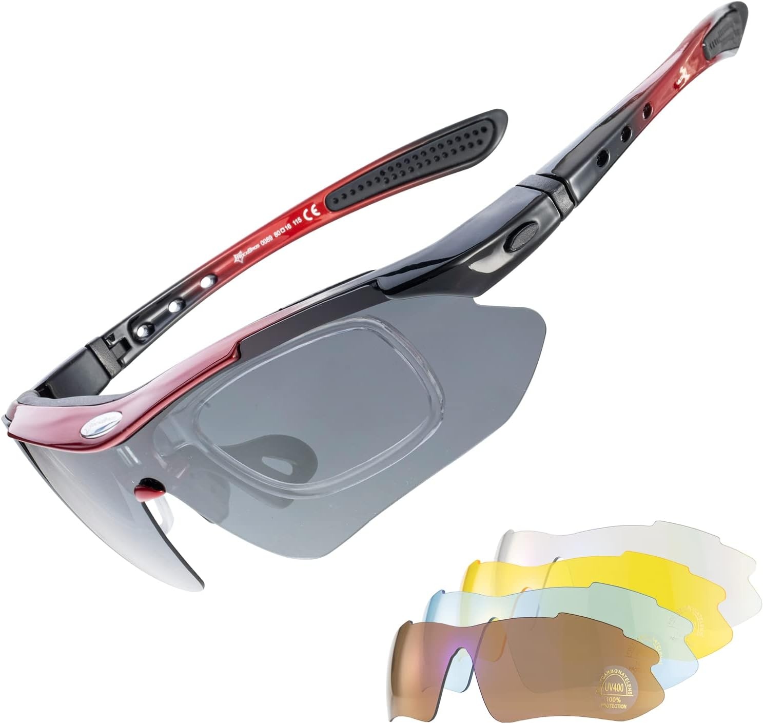 image:imageROCKBROS Polarized Cycling Glasses for Men Sports Glasses with 5 Interchangeable Lens for Running Pickleball BaseballRed