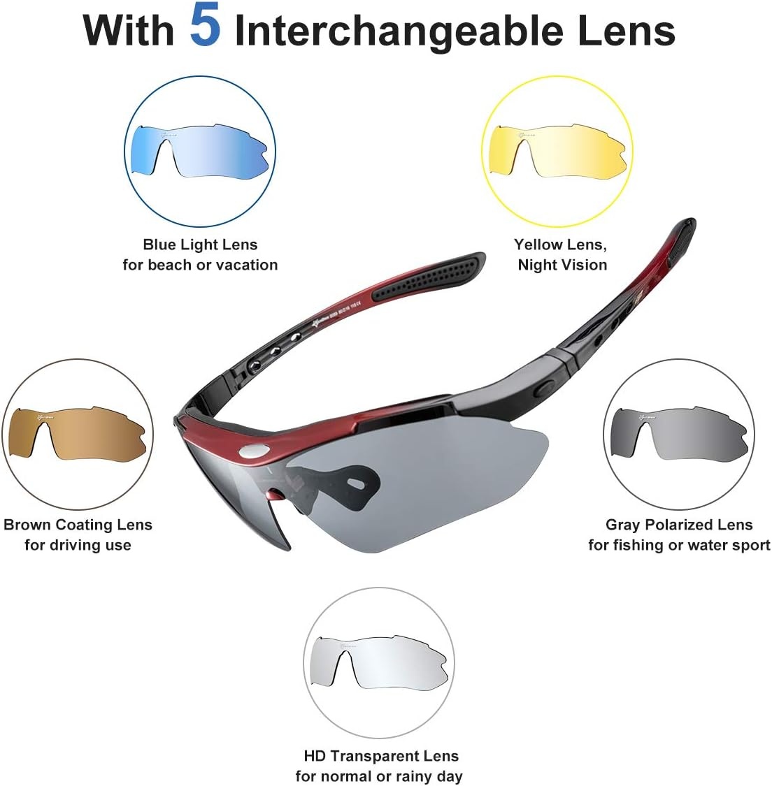 image:imageROCKBROS Polarized Cycling Glasses for Men Sports Glasses with 5 Interchangeable Lens for Running Pickleball BaseballRed