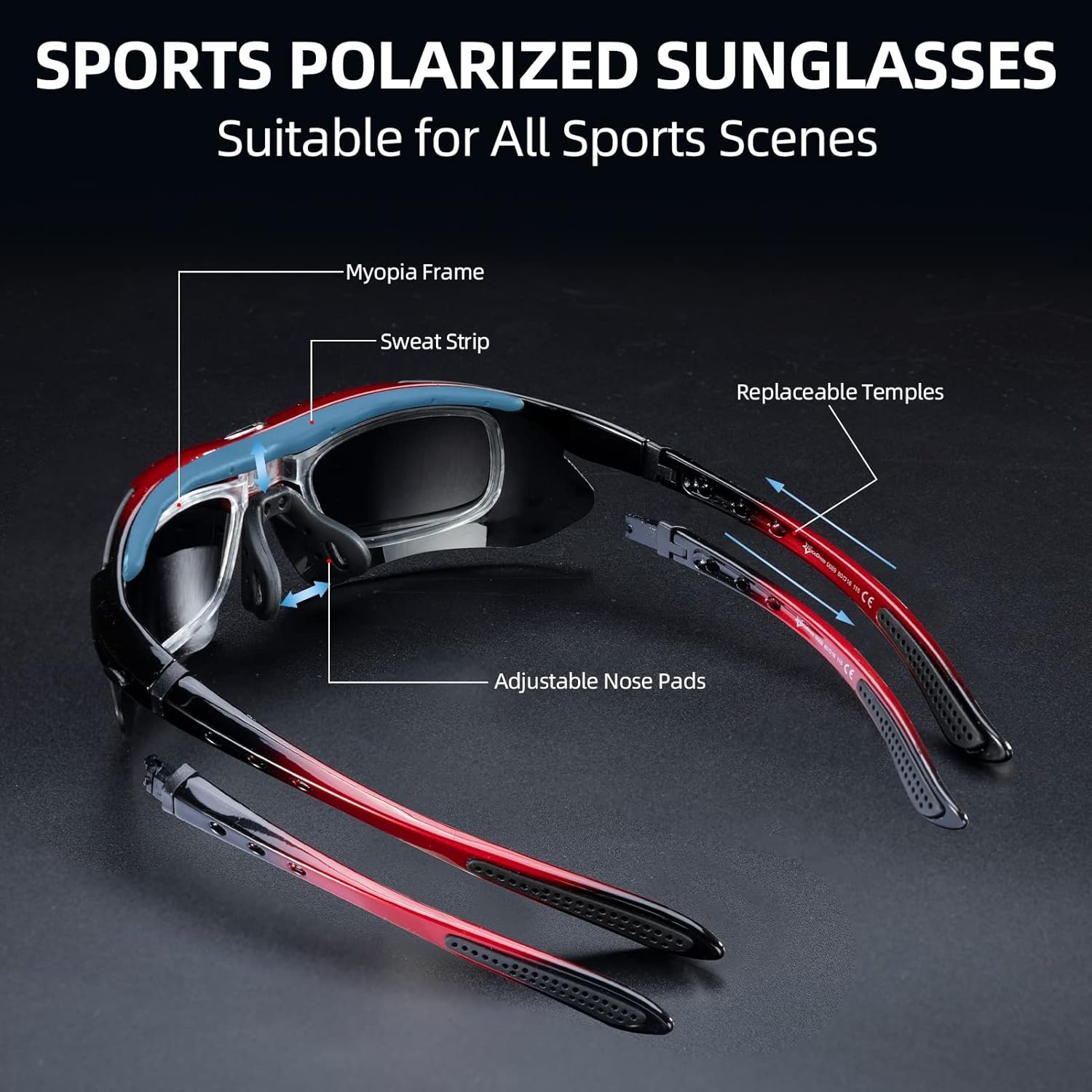 image:imageROCKBROS Polarized Cycling Glasses for Men Sports Glasses with 5 Interchangeable Lens for Running Pickleball BaseballRed