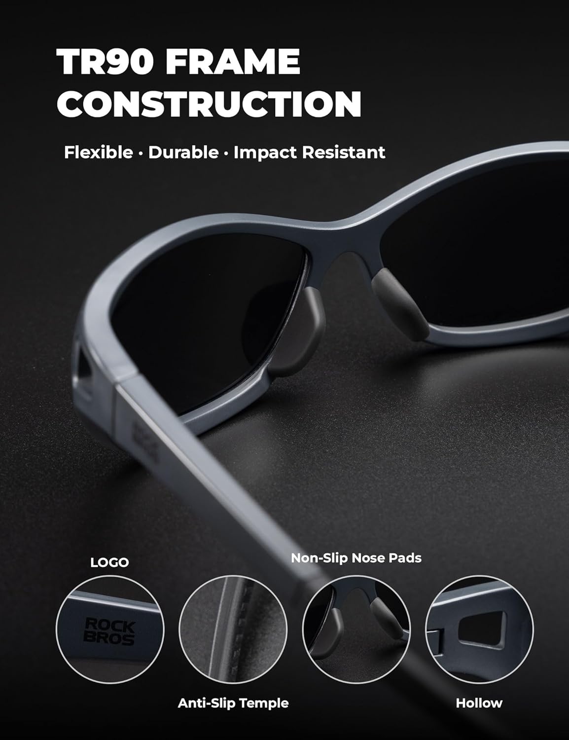 image:imageROCKBROS Polarized Sports Sunglasses for Men Women Ultralight TR90 UV400 Protection Cycling GlassesGlossy Pearl White Grey Lens