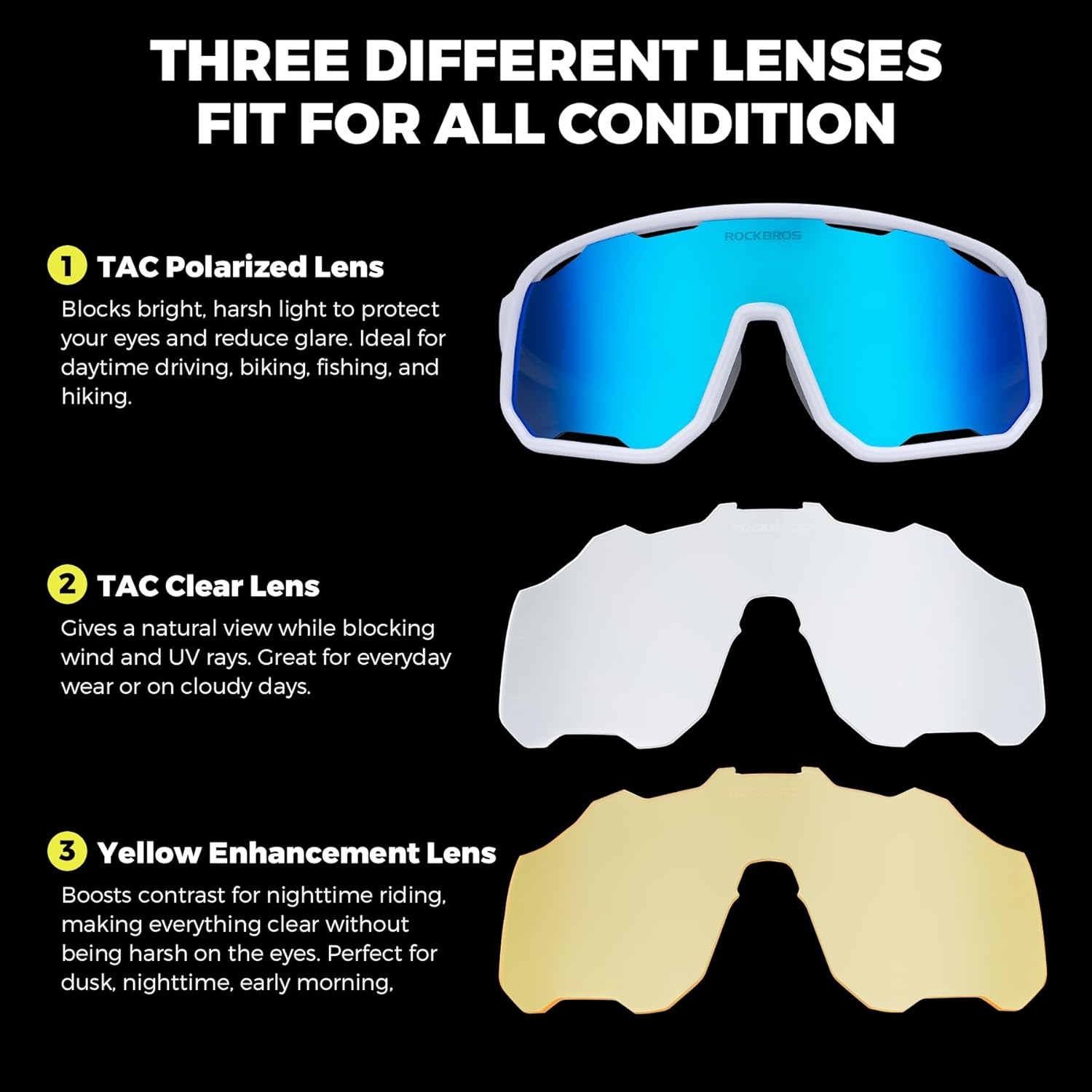 image:imageROCKBROS Polarized Sunglasses for Men Women UV400 Protection Cycling Running MTB Biking Baseball Softball Glasses 3 LensesDeep Blue