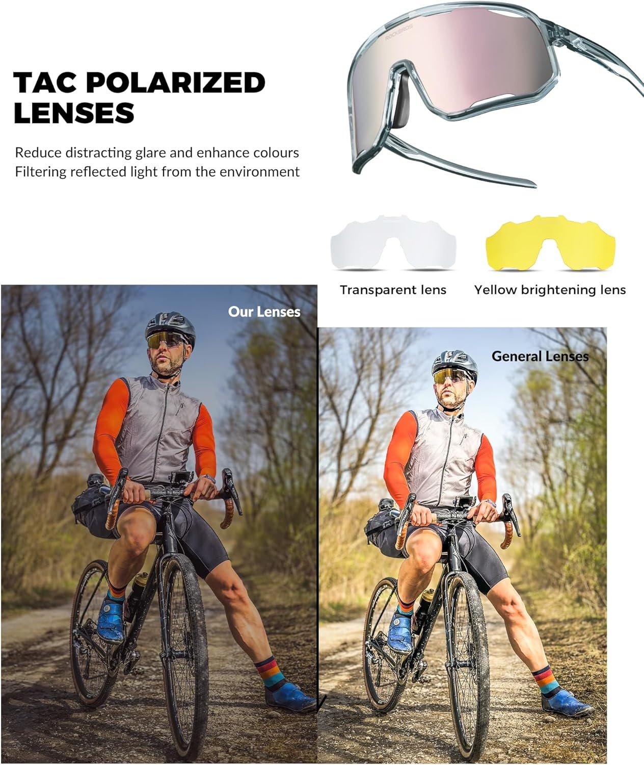image:imageROCKBROS Polarized Sunglasses for Men Women UV400 Protection Cycling Running MTB Biking Baseball Softball Glasses 3 LensesGrey
