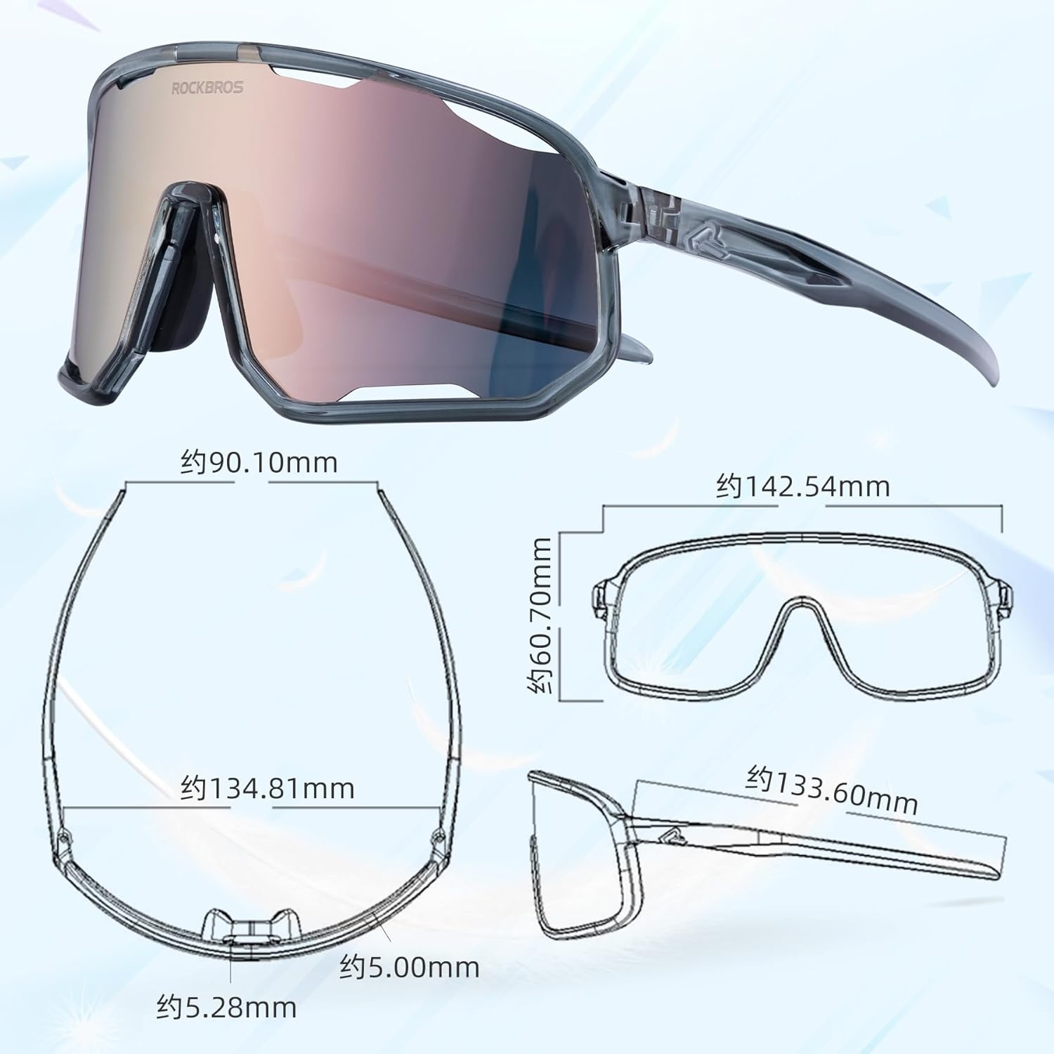 image:imageROCKBROS Polarized Sunglasses for Men Women UV400 Protection Cycling Running MTB Biking Baseball Softball Glasses 3 LensesGrey